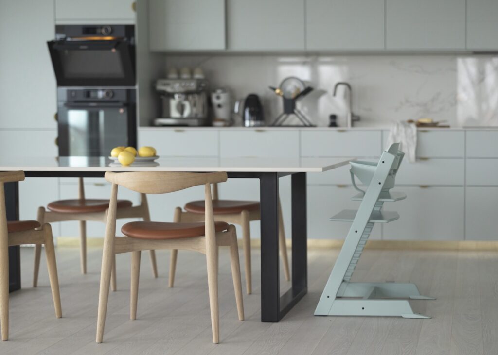 cuisine de rêve vert pastel bois laiton Dekton