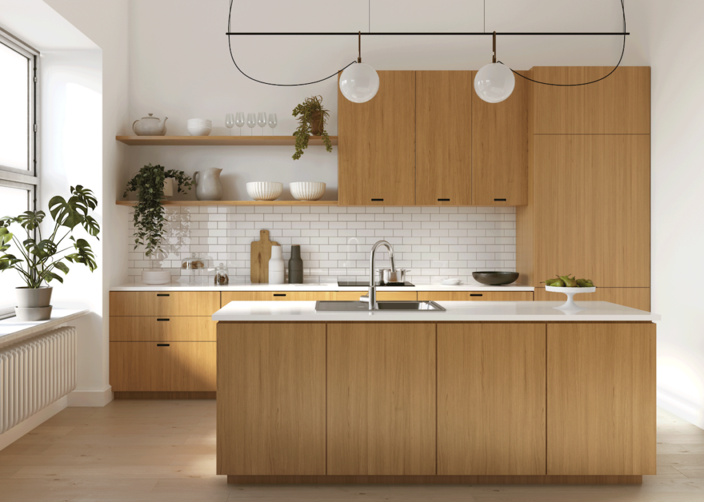 cuisine ouverte bois marron blanc etagere deco naturelle epuree