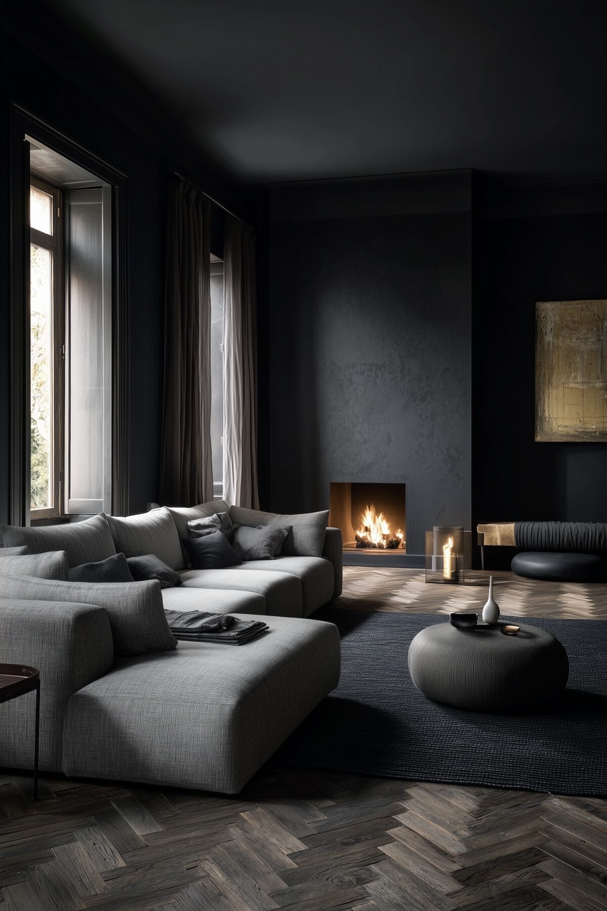 salon mur noir parquet chevron foncé