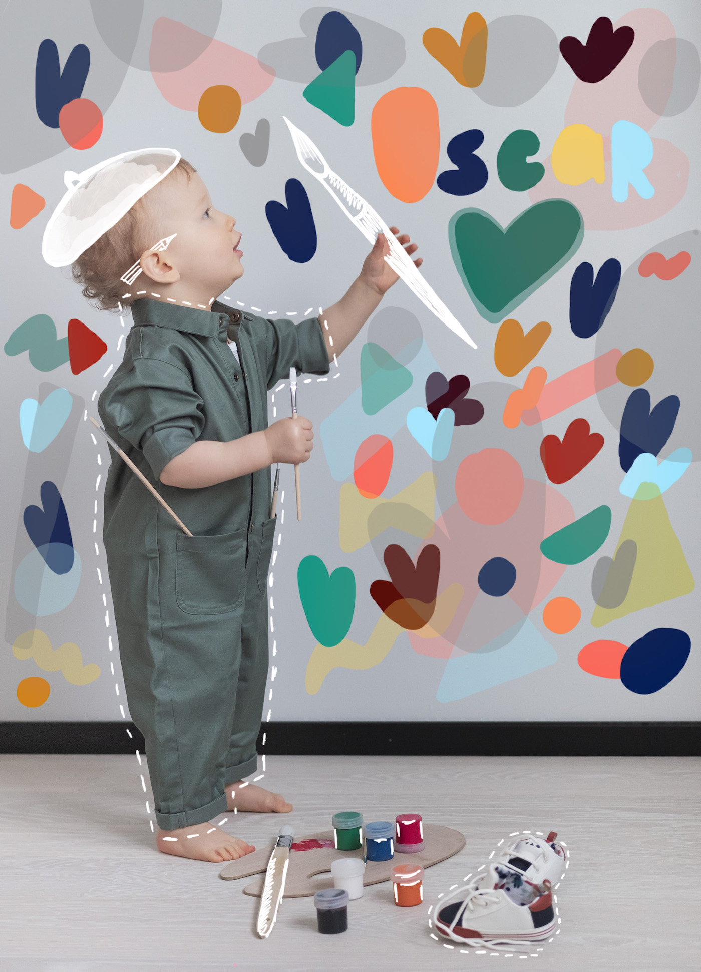 Photo créative enfant déguisement peintre artiste mur