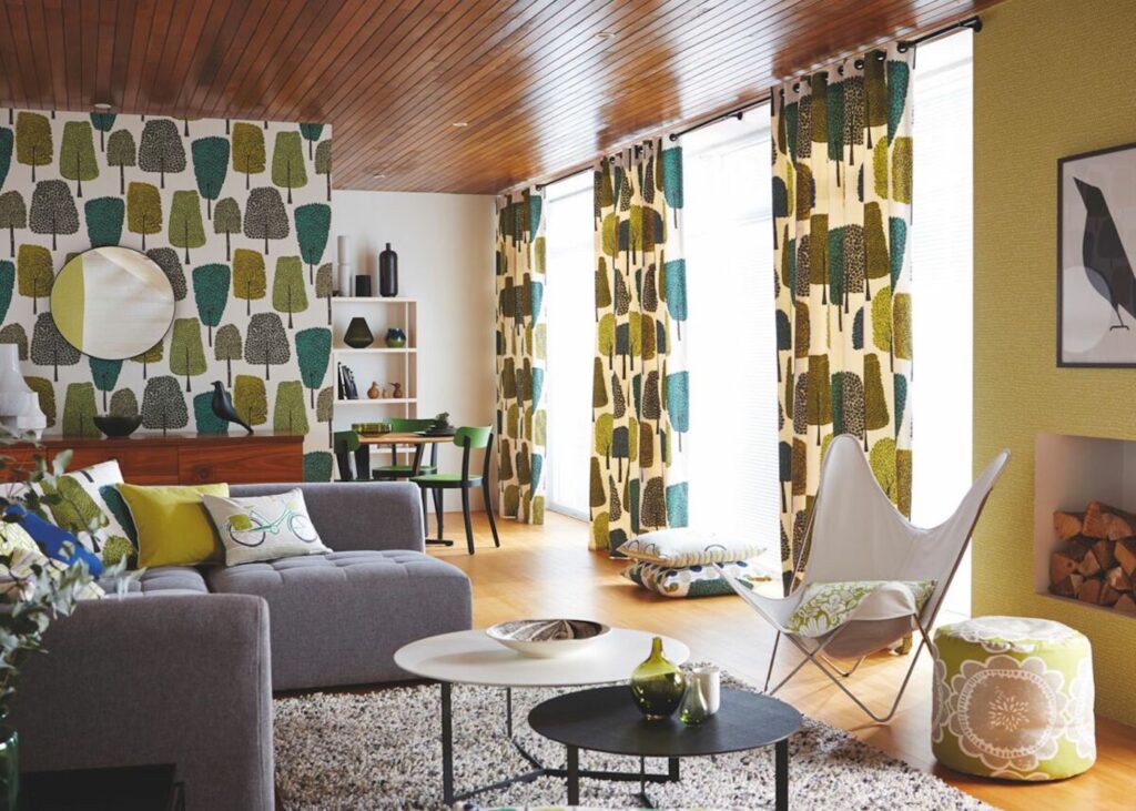 deco interieure salon vintage jaune vert bois