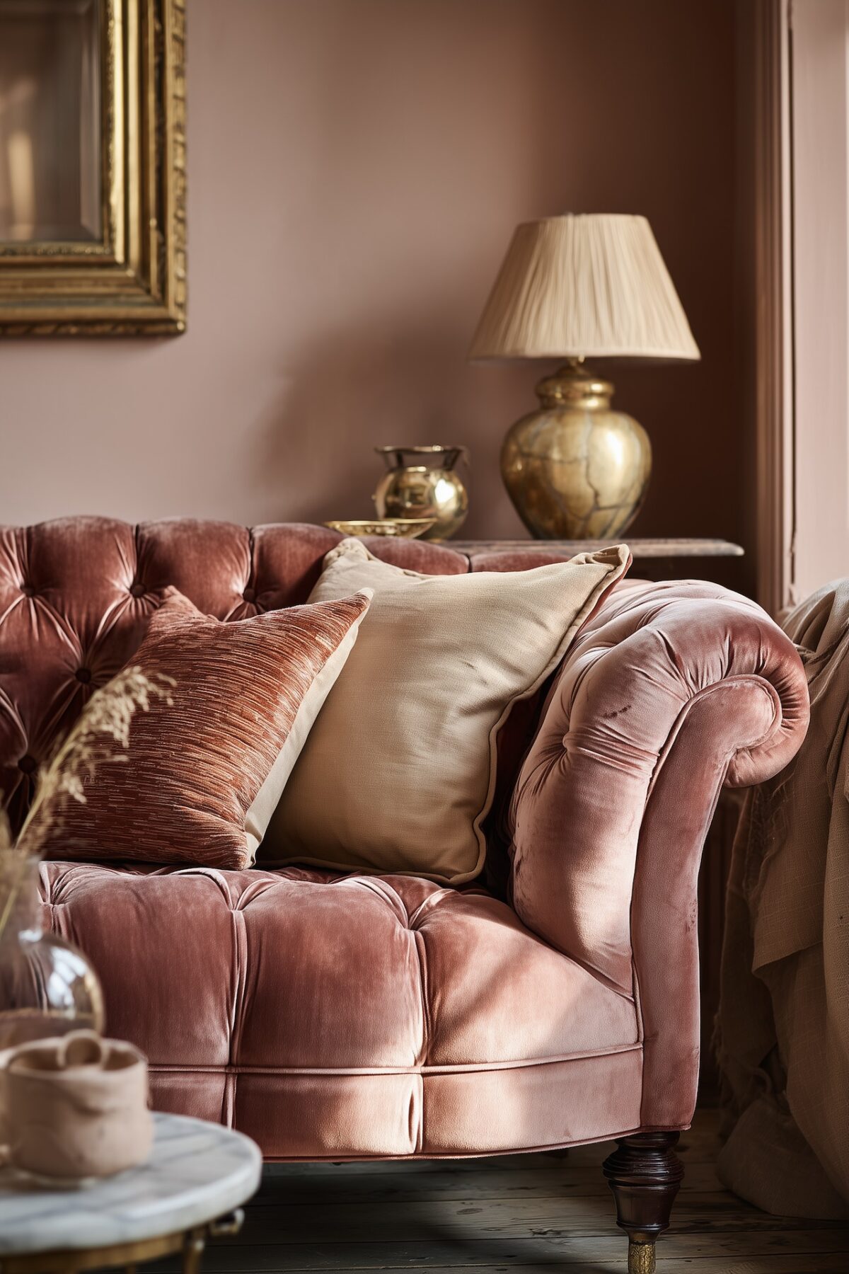 idée agencement salon canapé Art Déco velours rose laiton