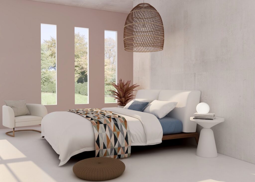 lit double drap blanc bleu coussin suspension rotin coussin sol