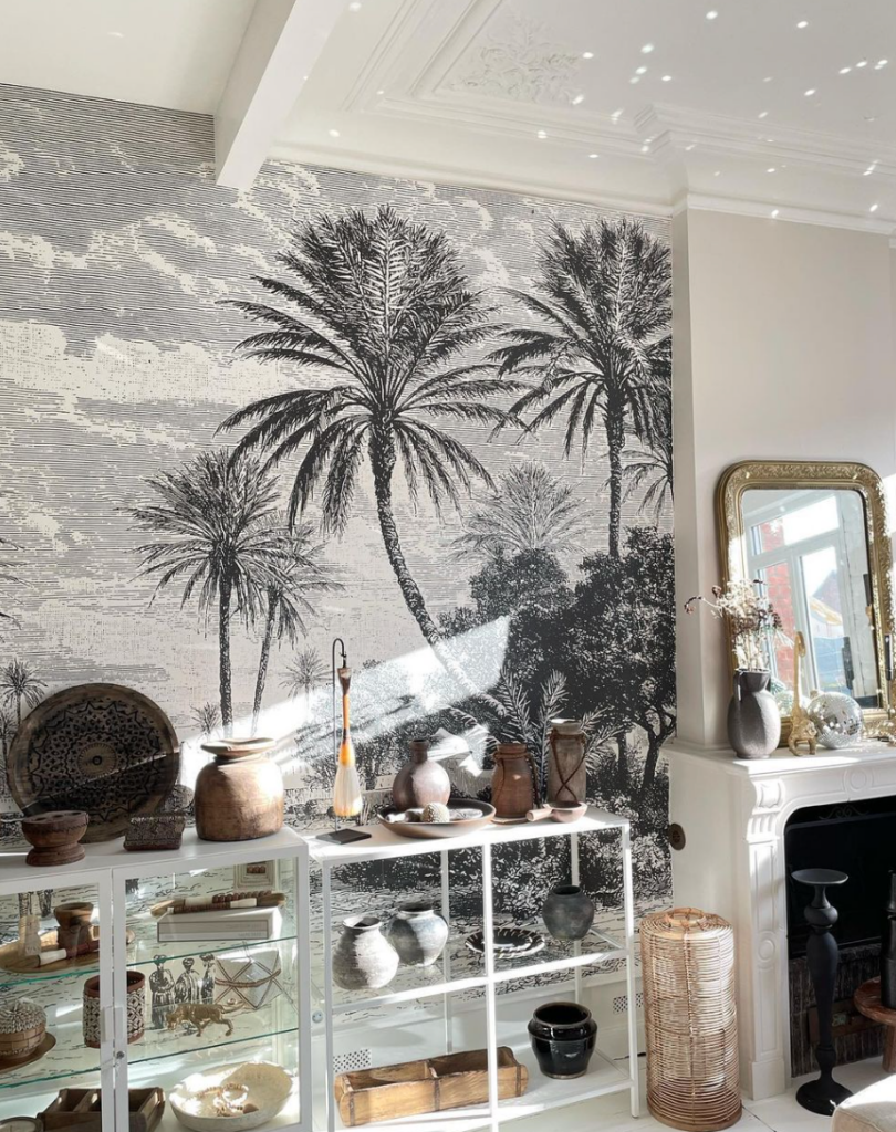 salle-a-manger-papier peint exotique noir blanc champetre