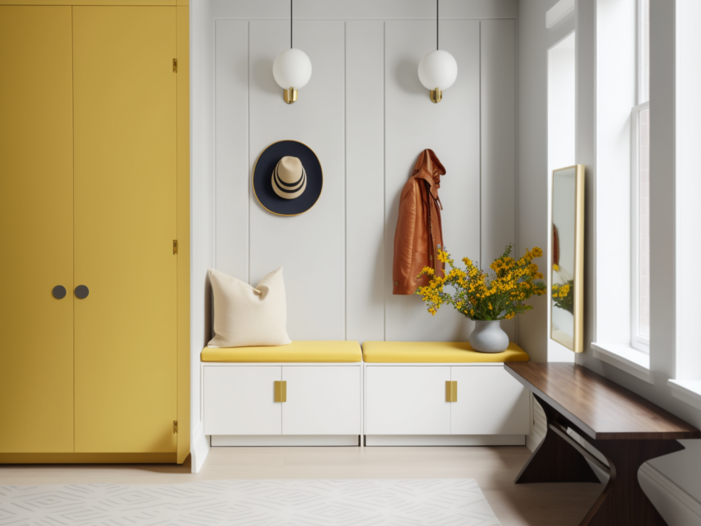 espaces rangement entrée dressing armoire jaune