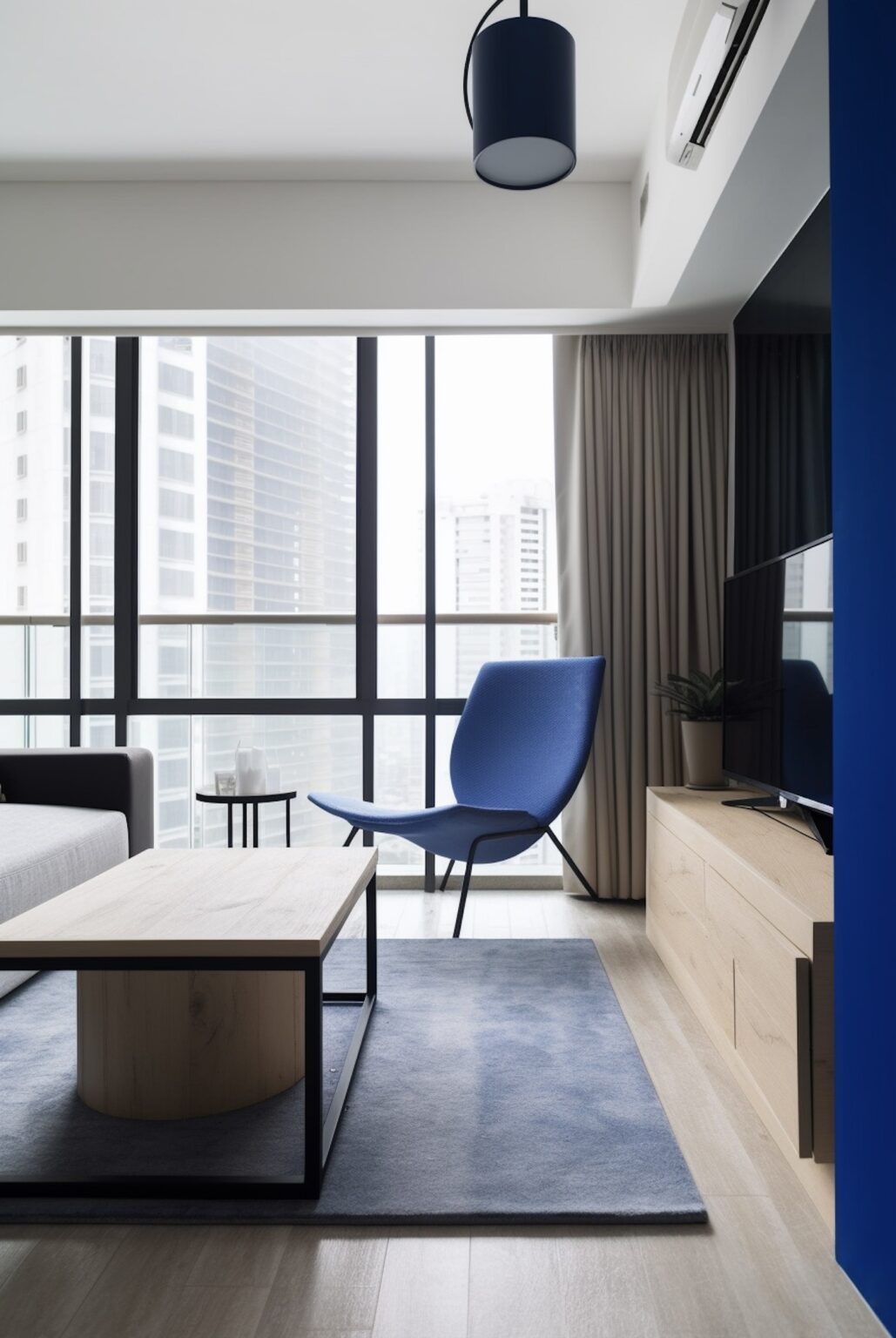 fauteuil bleu Klein déco bois