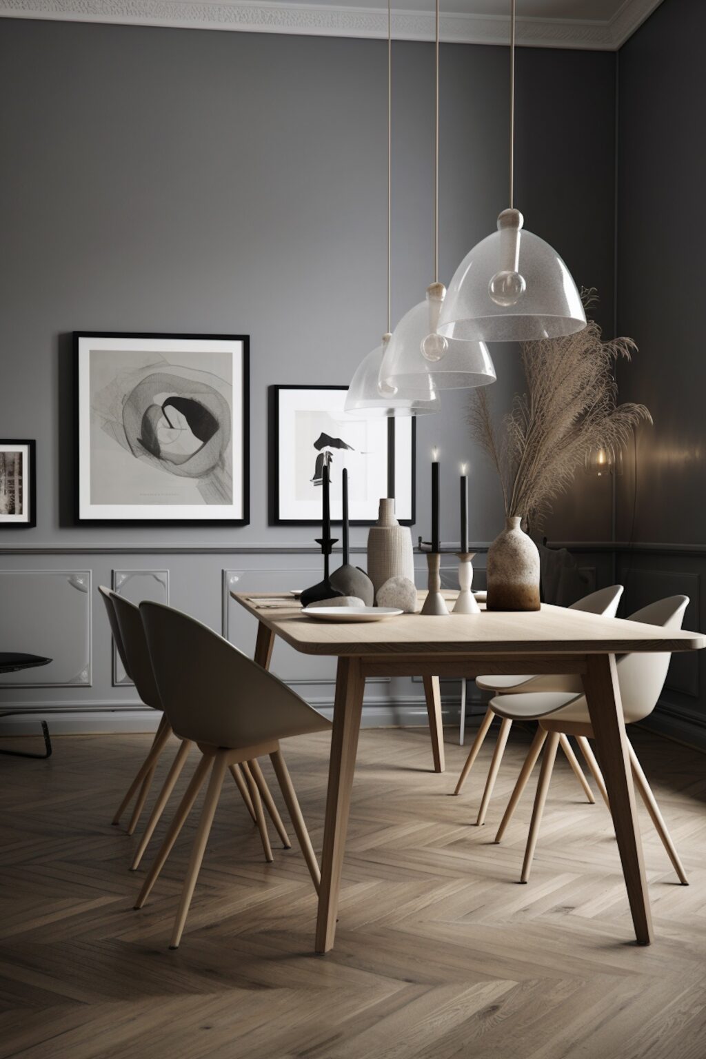 idée décoration aménagement salle à manger grise bois vase artisanat