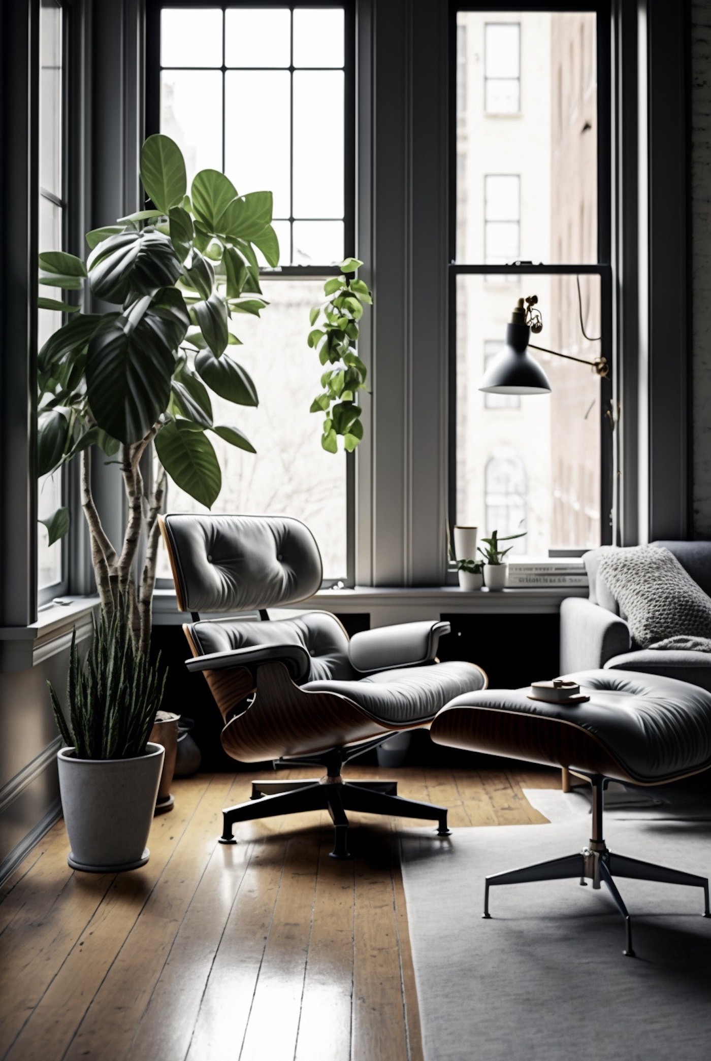 loft lounge chair Eames bois cuir noir