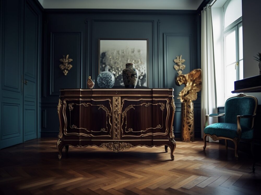 meuble Boulle commode intérieur Haussmann mur vert canard