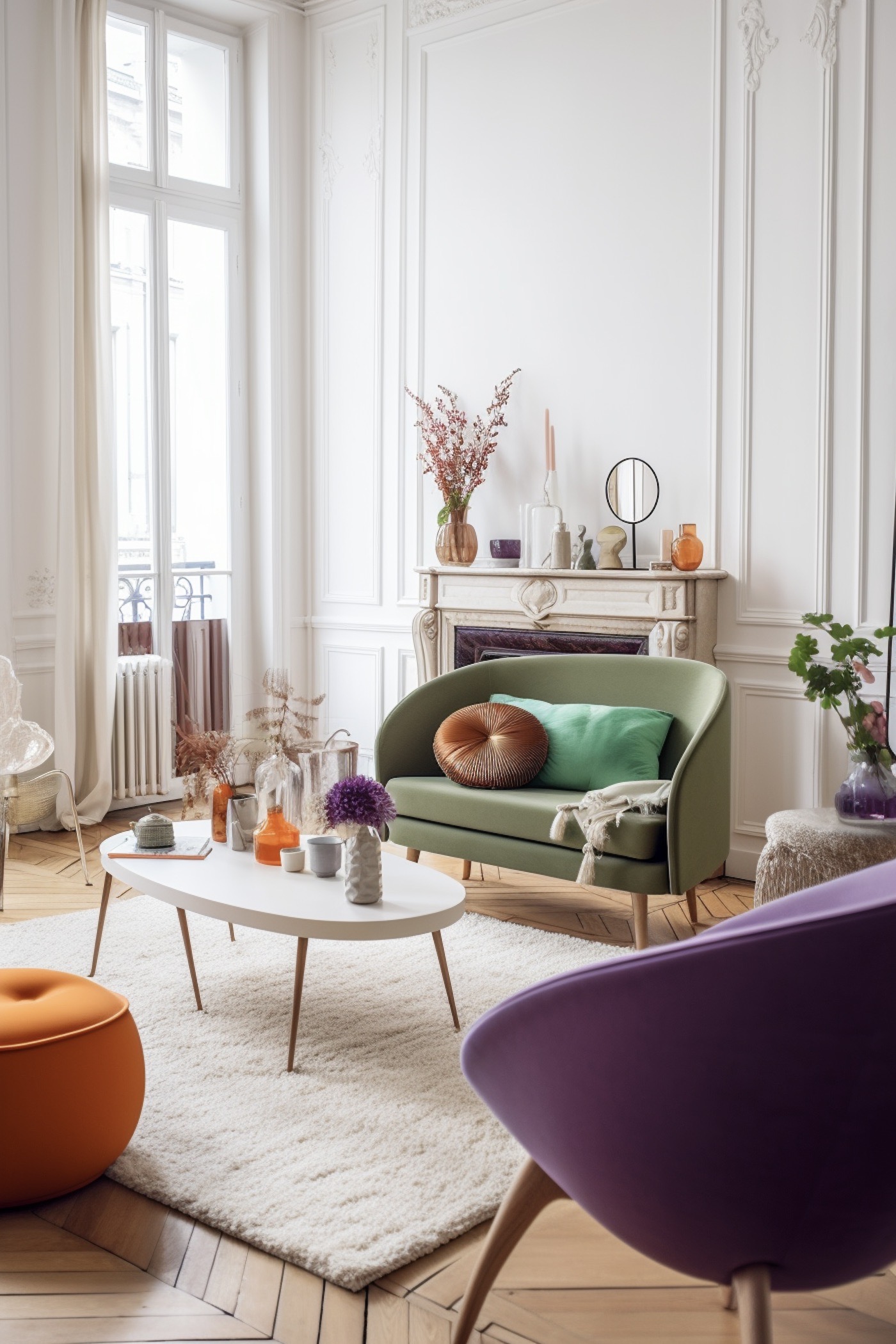 palette triadique violet orange vert salon