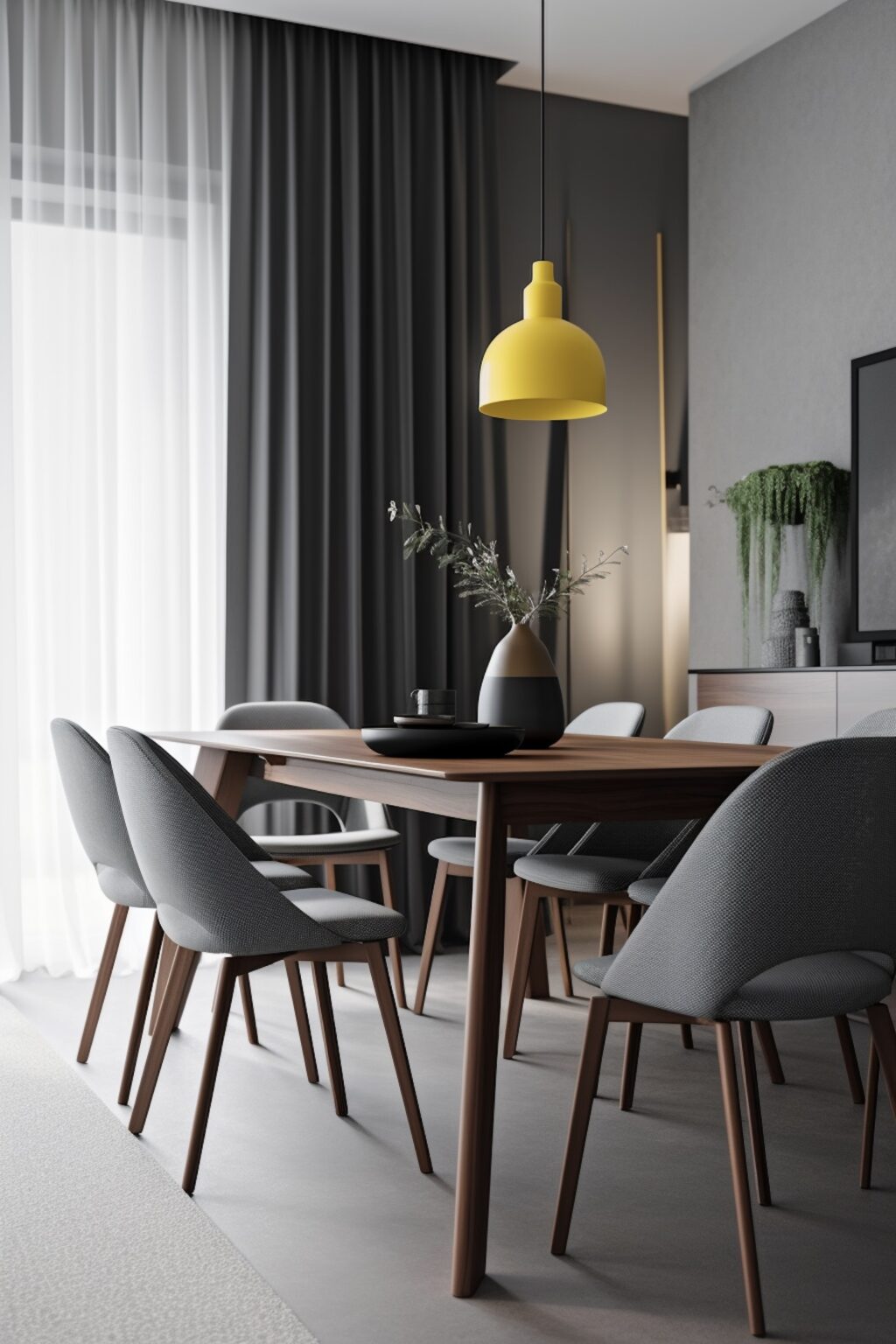 salle à manger déco gris lampe jaune