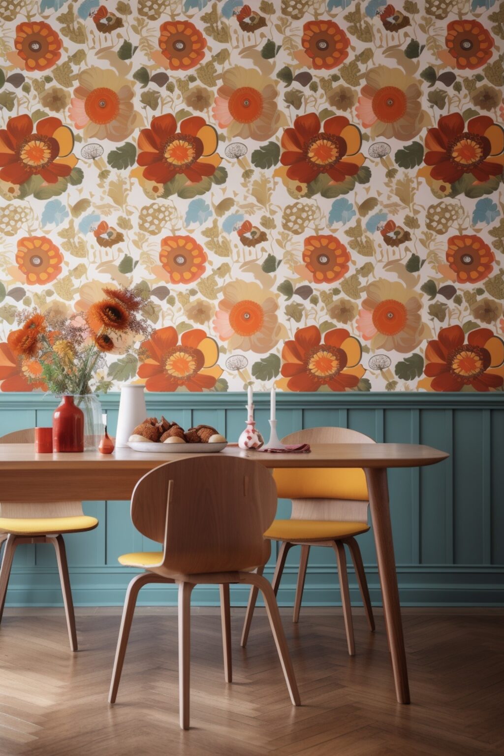 salle à manger papier-peint fleur déco années 70 soubassement bleu canard