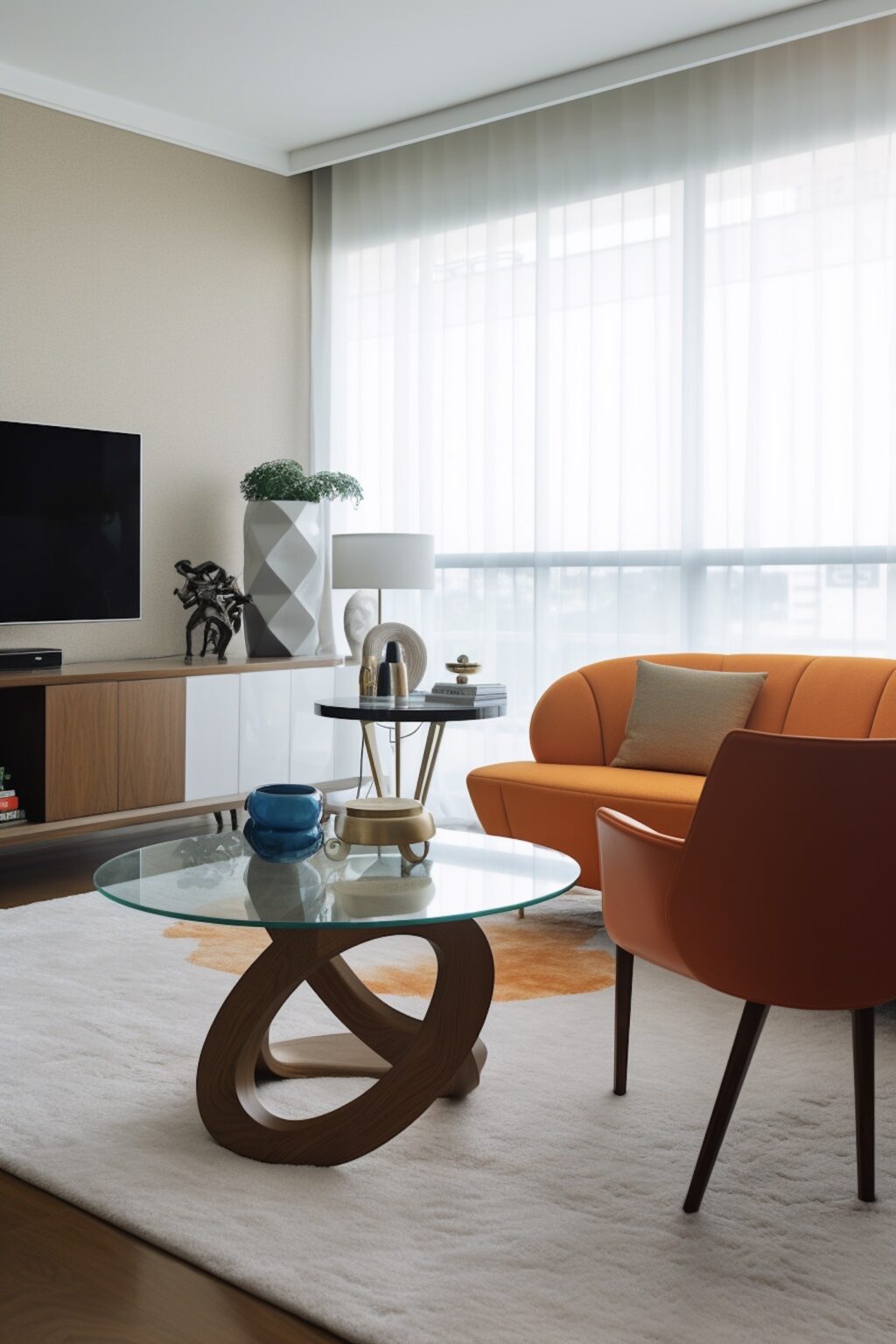 salon moderne mélange déco années 70 fauteuil orange