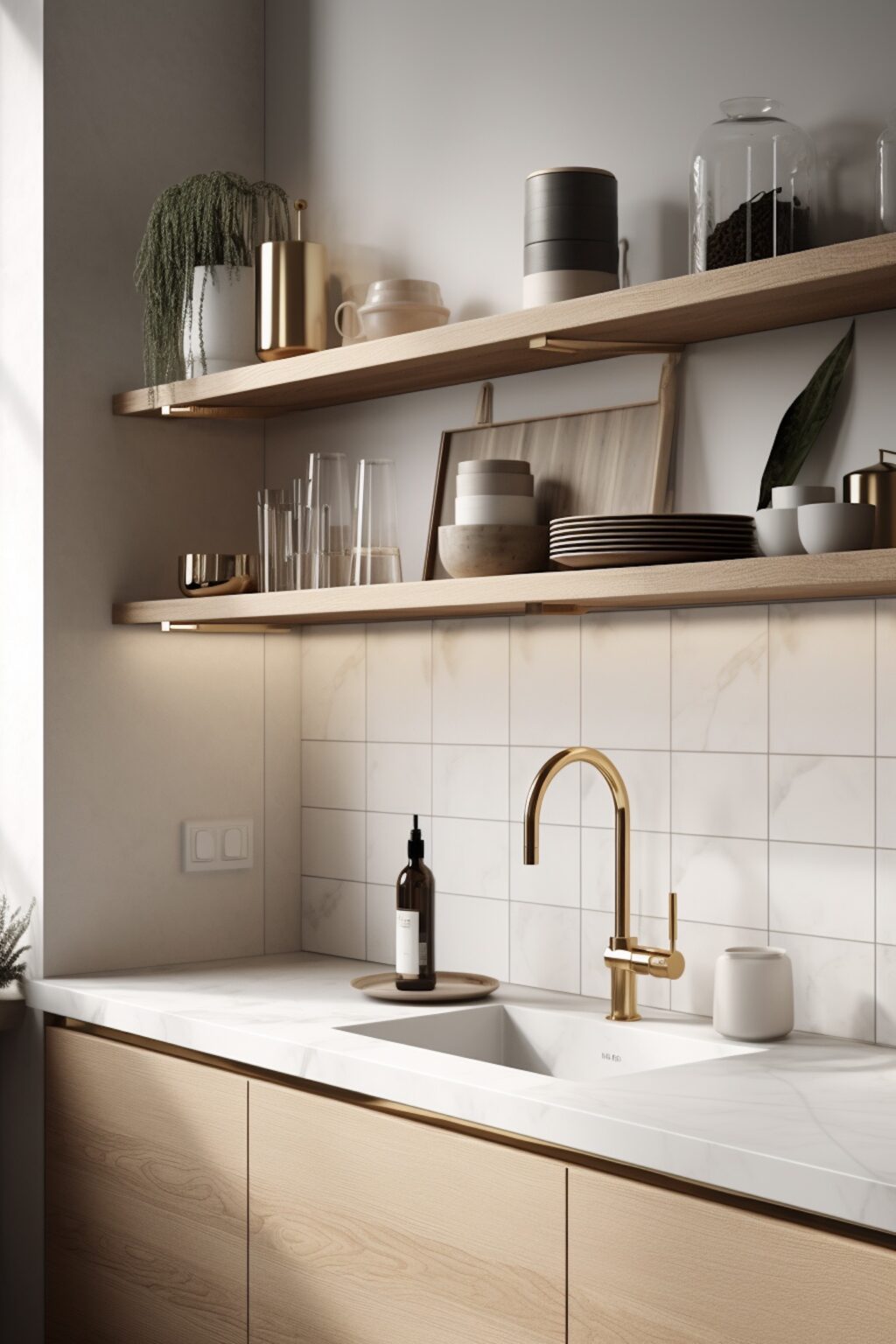 Cuisine blanche bois poignées laiton doré robinet