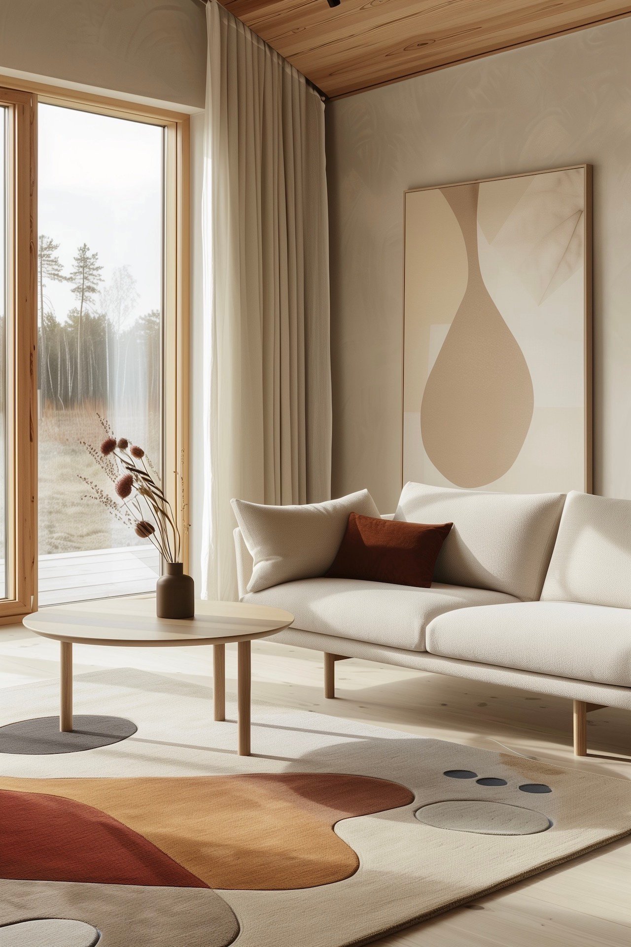 Salon minimaliste meubles sculpturaux art abstrait tapis tons terre