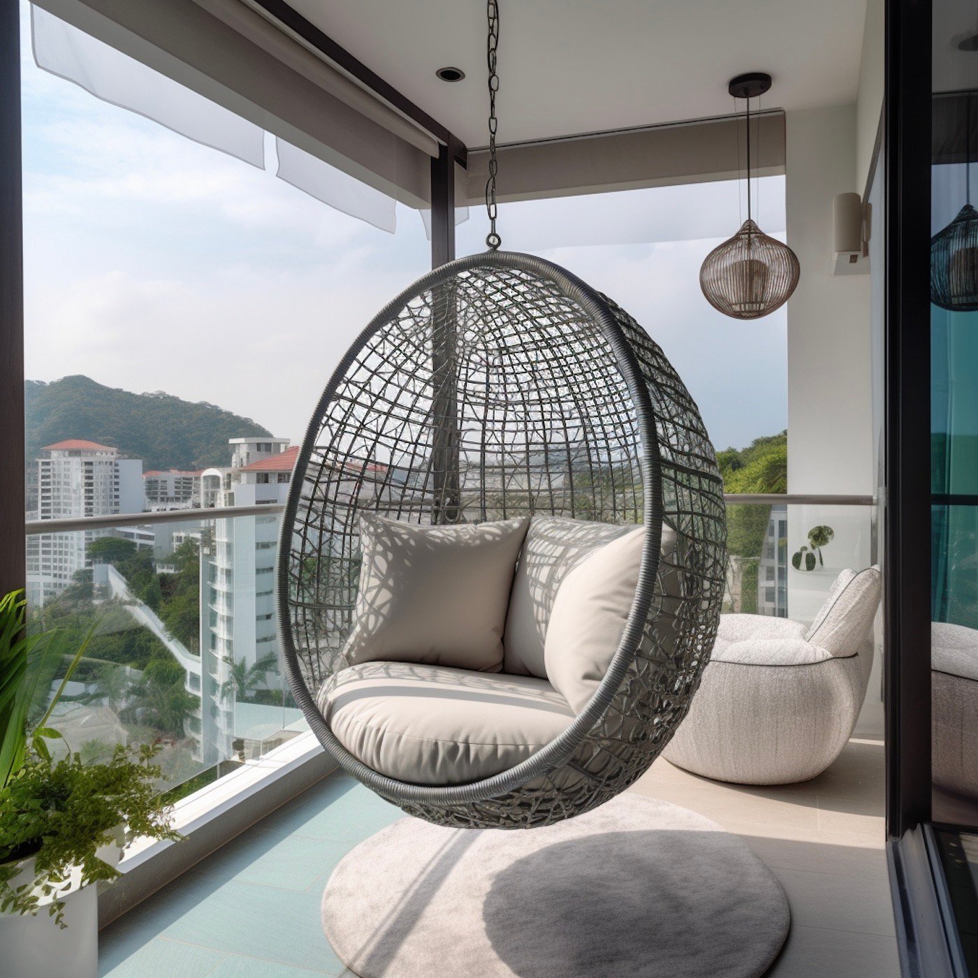 appartement Singapour mobilier fauteuil suspendu oeuf noir