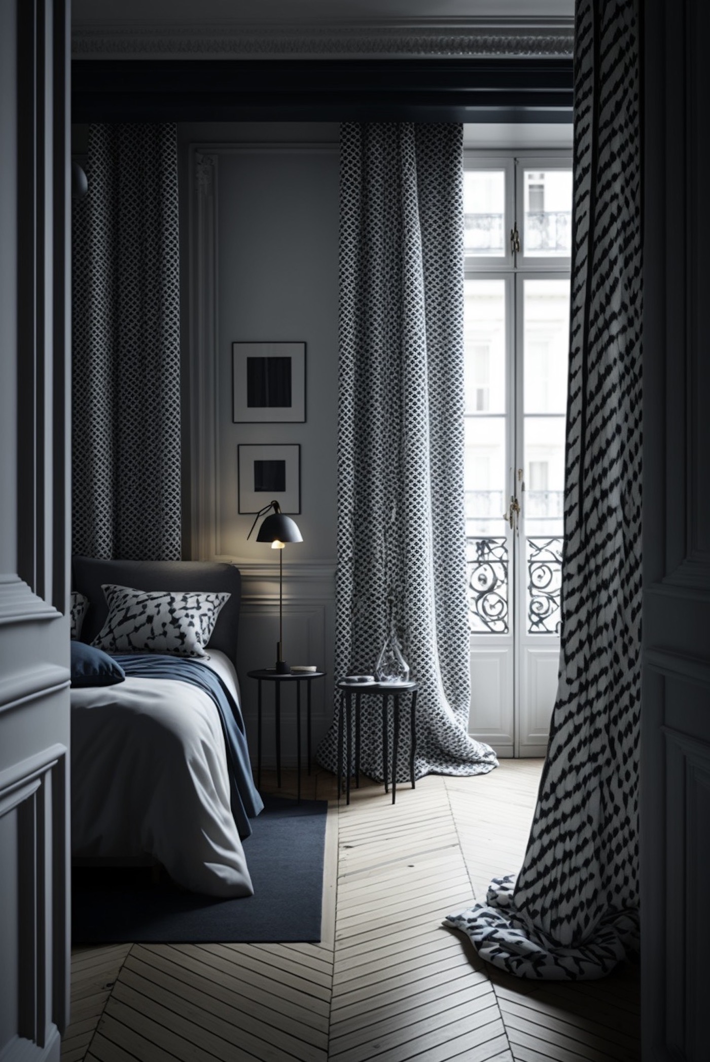 chambre appartement parisien style déco grise bleu chic