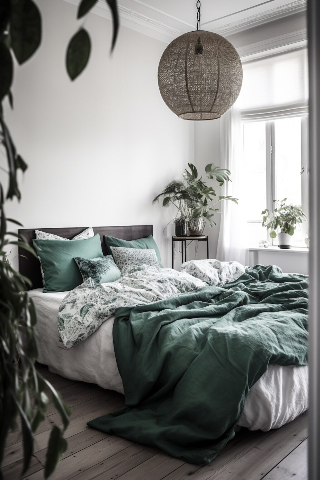 chambre blanche lumineuse détail jungle motif feuille
