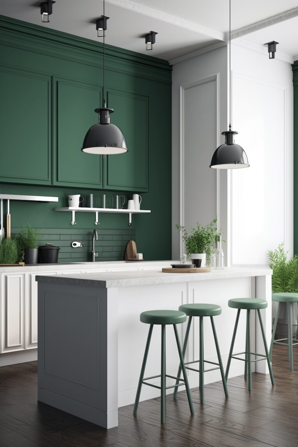 cuisine ouverte bicolore avec ilot central marbre gris