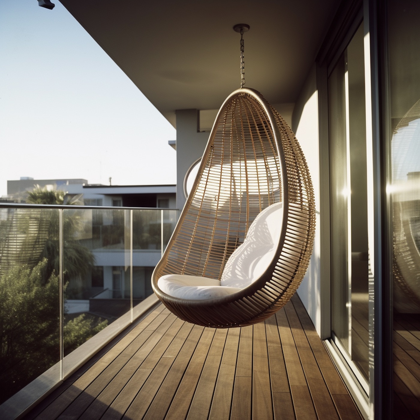 fauteuil suspendu oeuf bois balcon minimaliste
