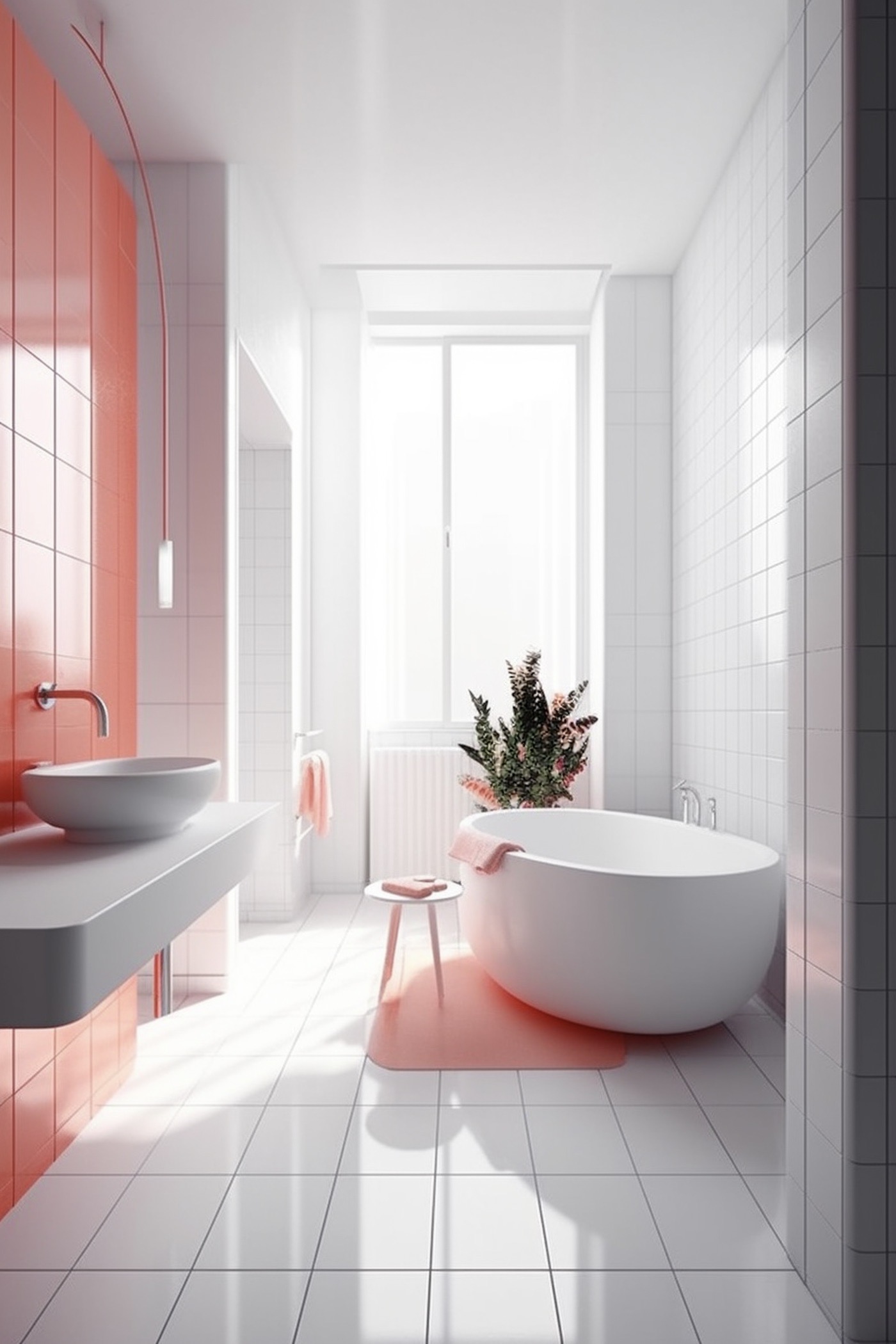 salle de bain bicolore rose blanche lumineuse