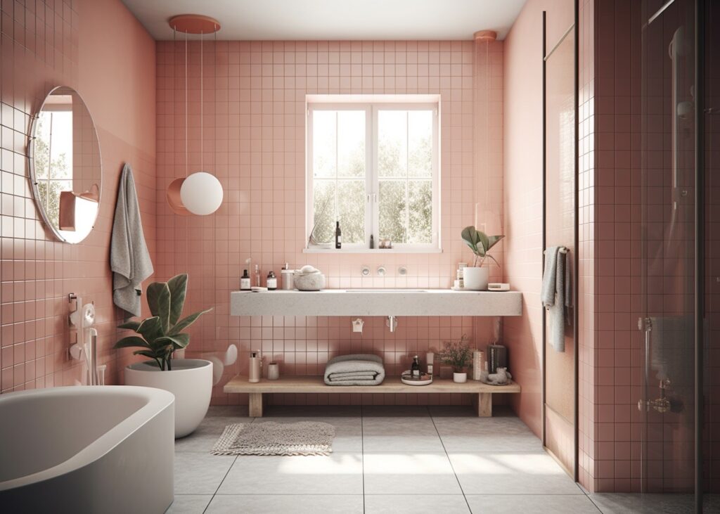 salle de bain couleur corail blanche carrelage