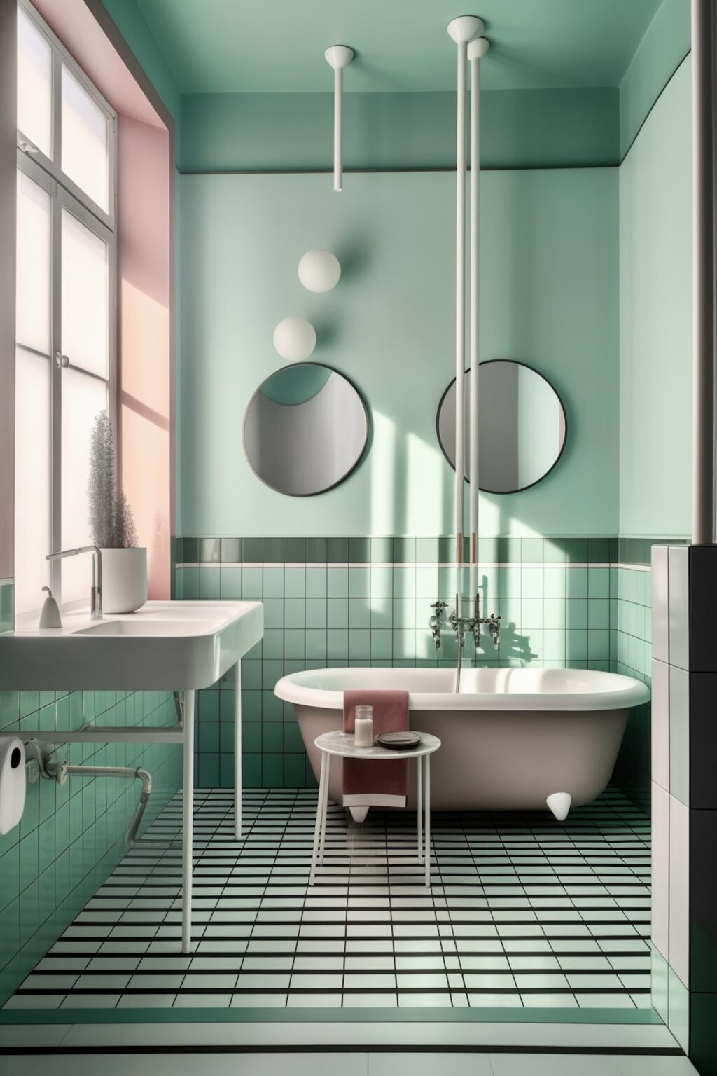 salle de bains rétro décoration pastel rose vert