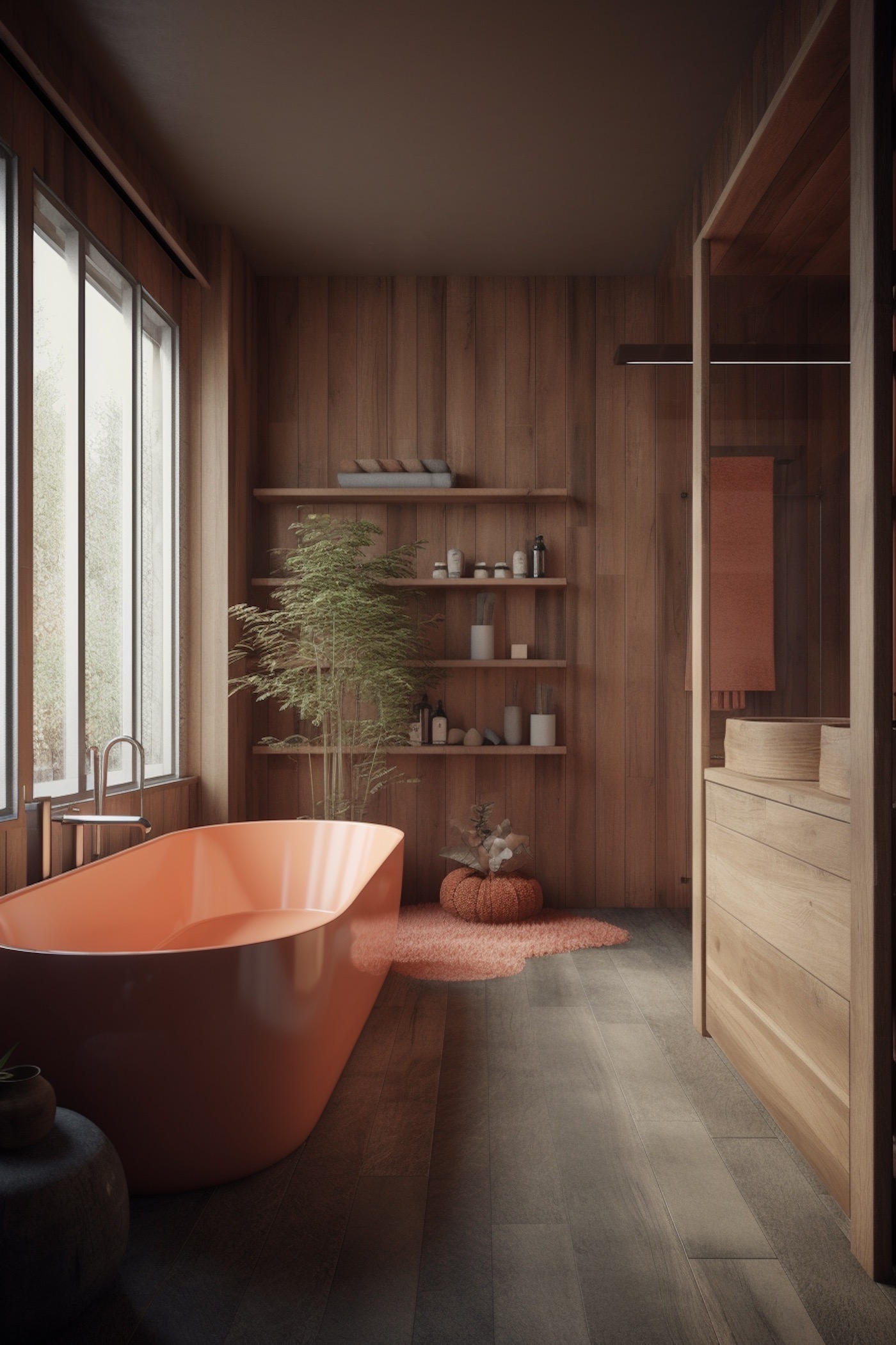 salle de bains rose orange bois