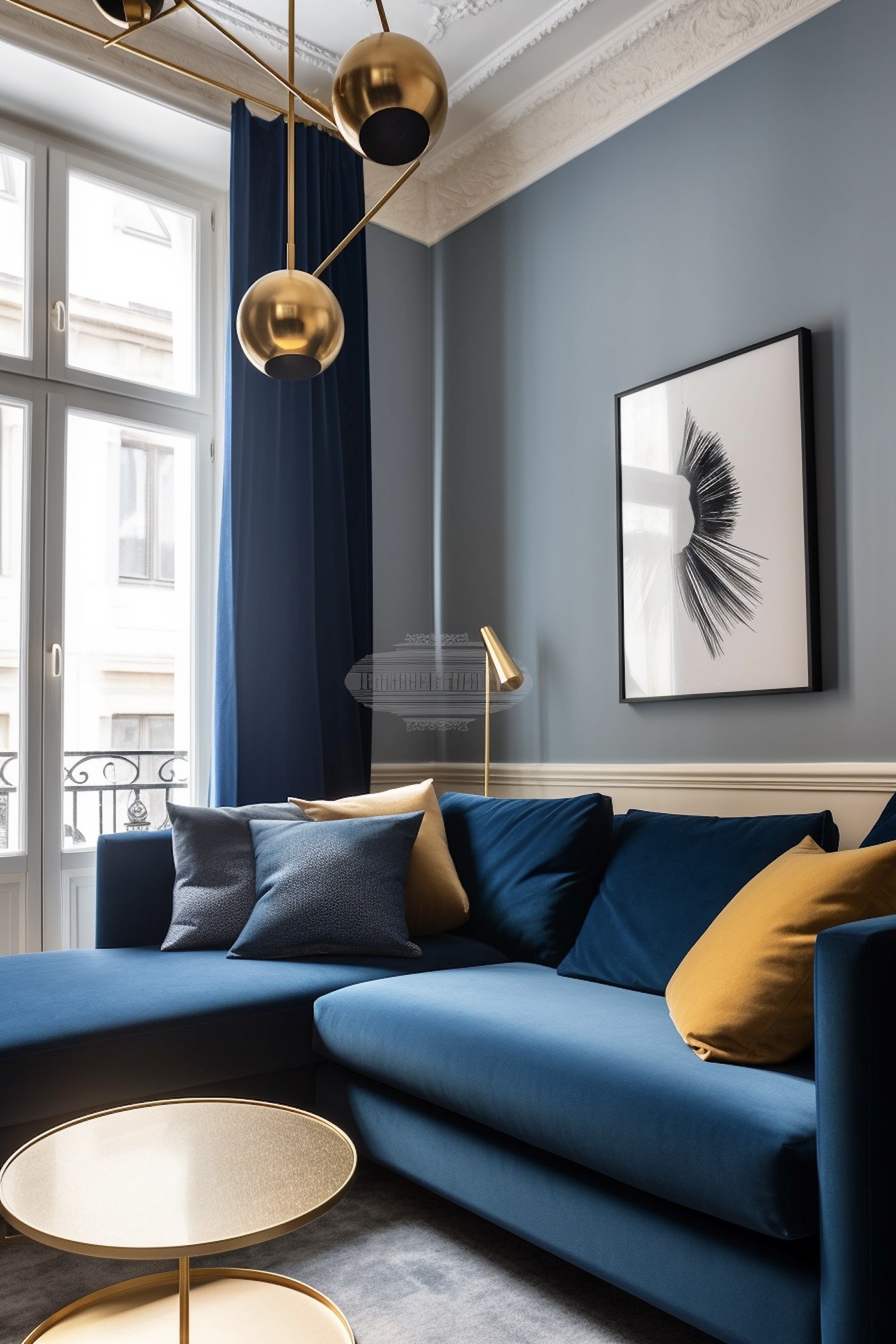 salon canapé bleu peinture appartement parisien