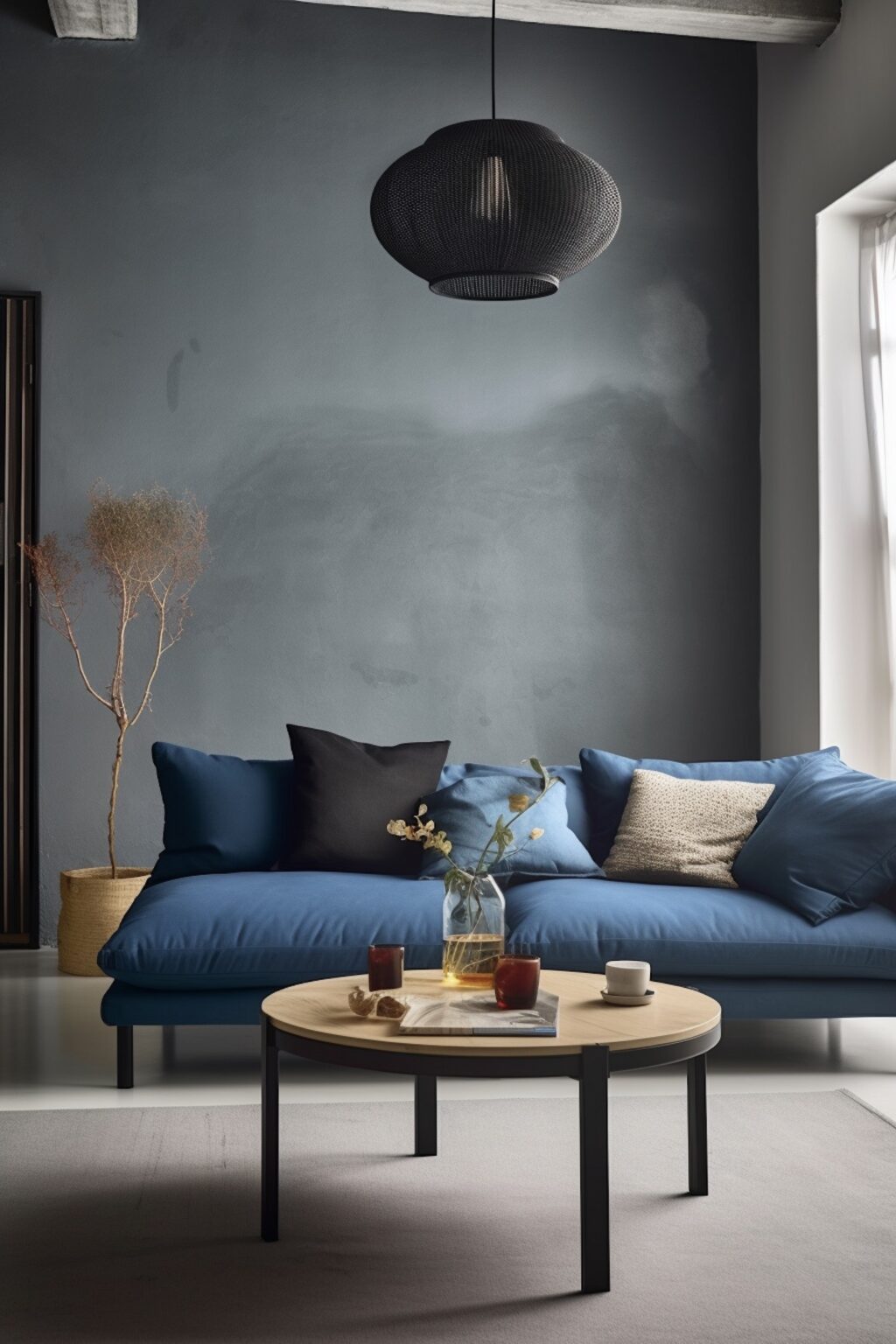 salon canapé bleu trash wall wabi sabi