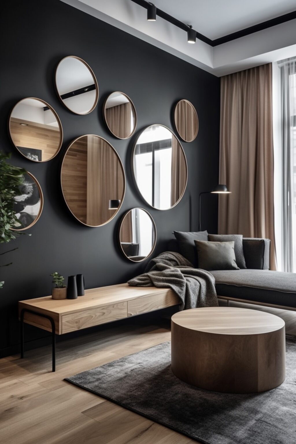 salon mur noir miroirs arrondies en accumulation déco scandinave