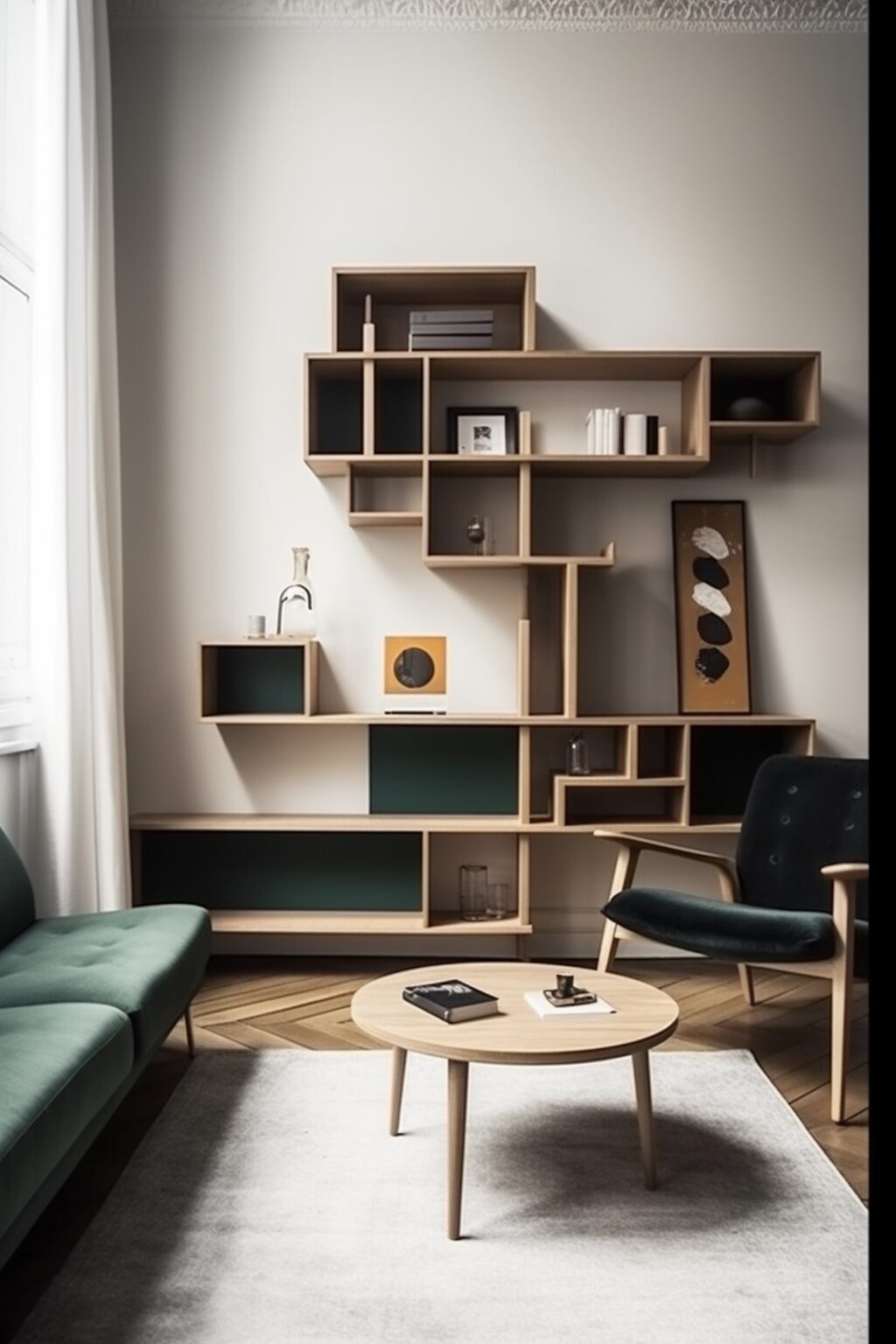 séjour déco vert foncé bibliothèque graphique bois
