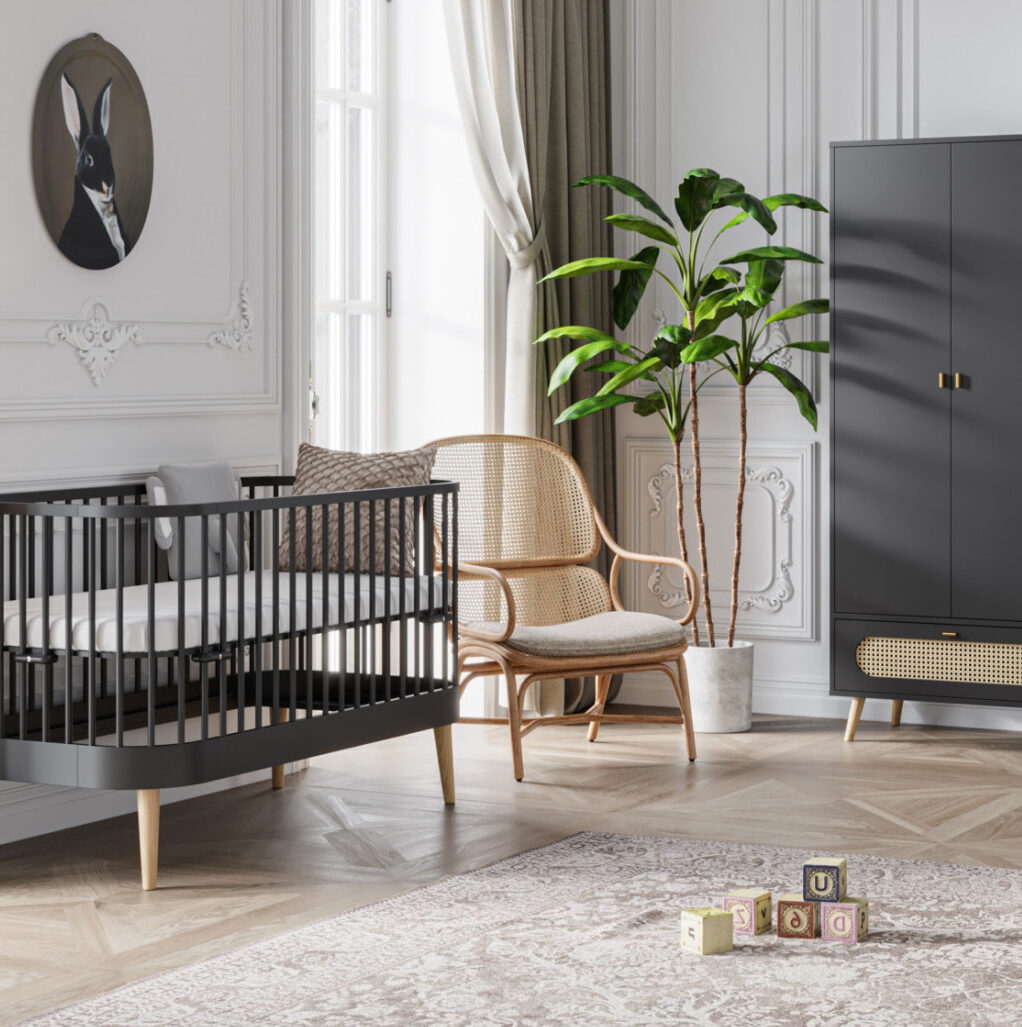 amenagement chambre bebe enfant gris fonce noir bois deco elegante moderne