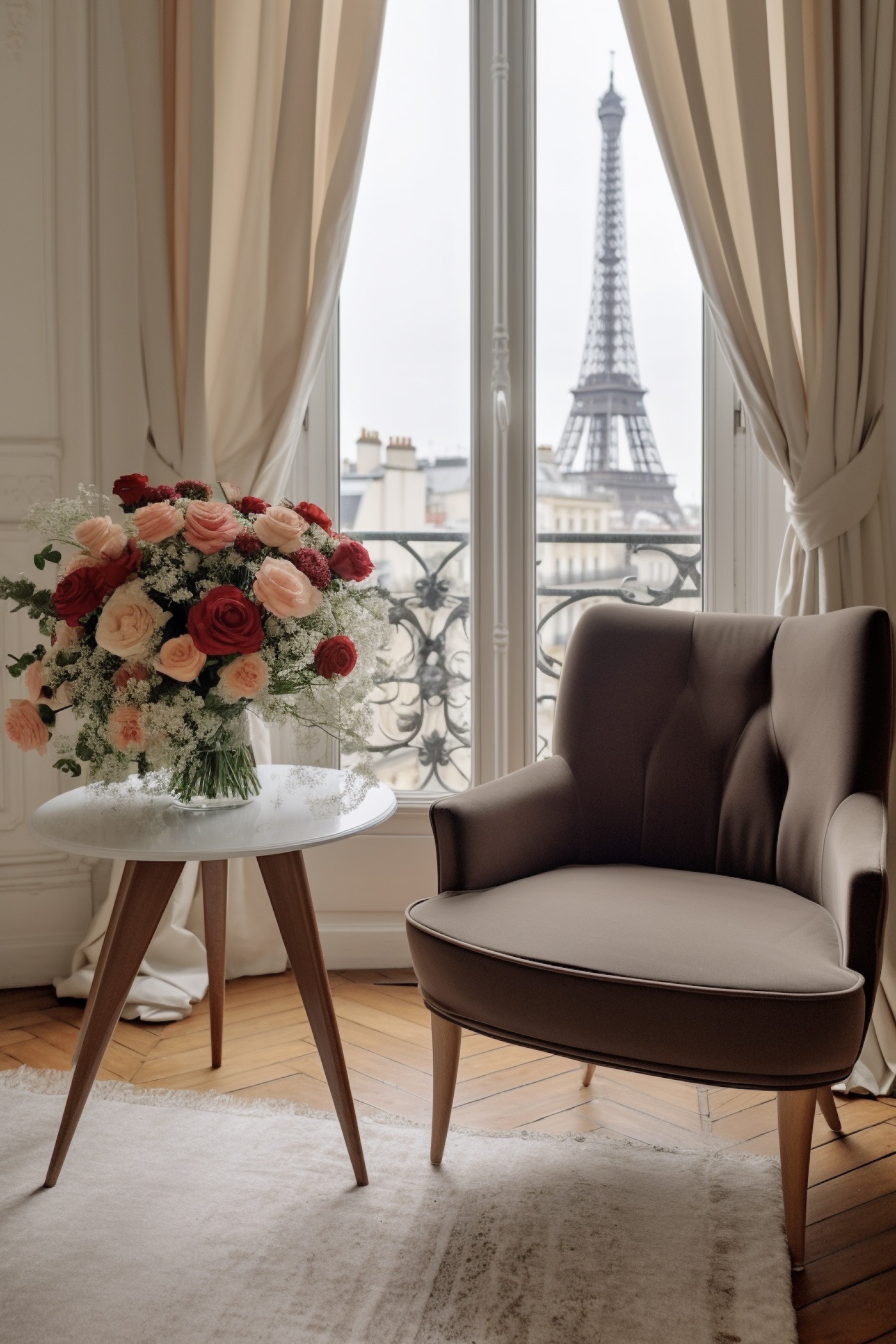 appartement parisien vue Tour Eiffel roses mariage