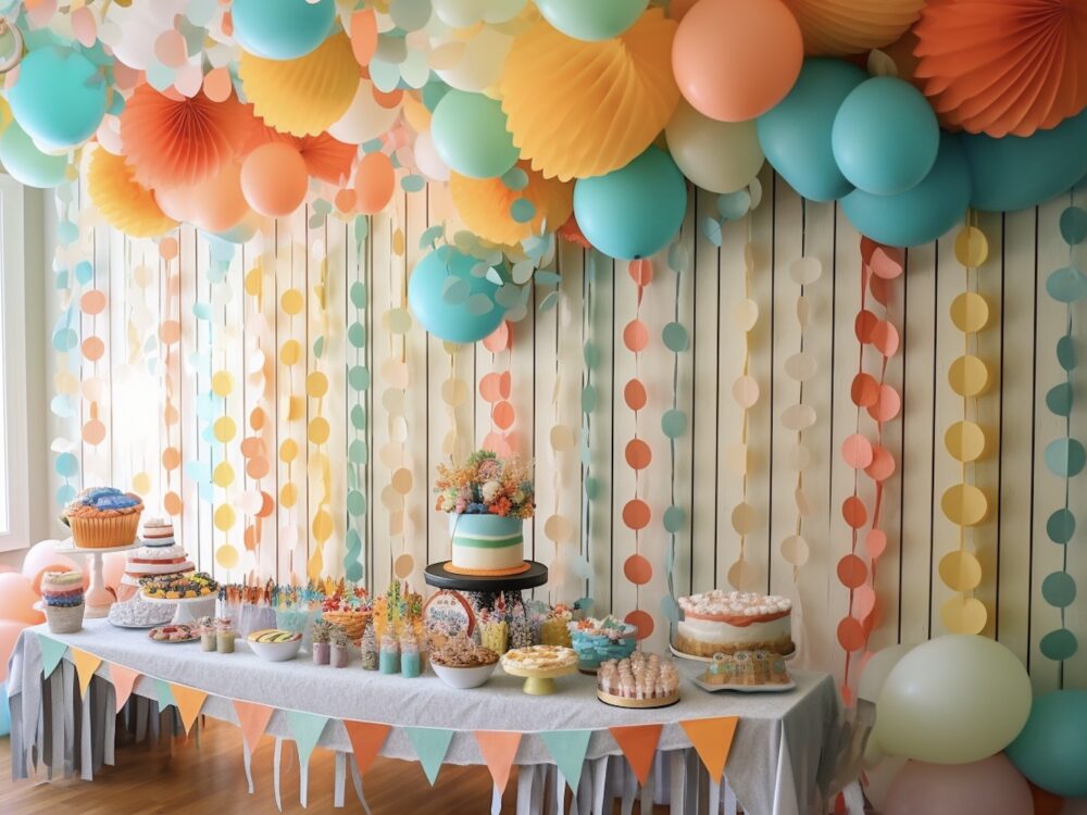 fête anniversaire buffet confetti guirlande