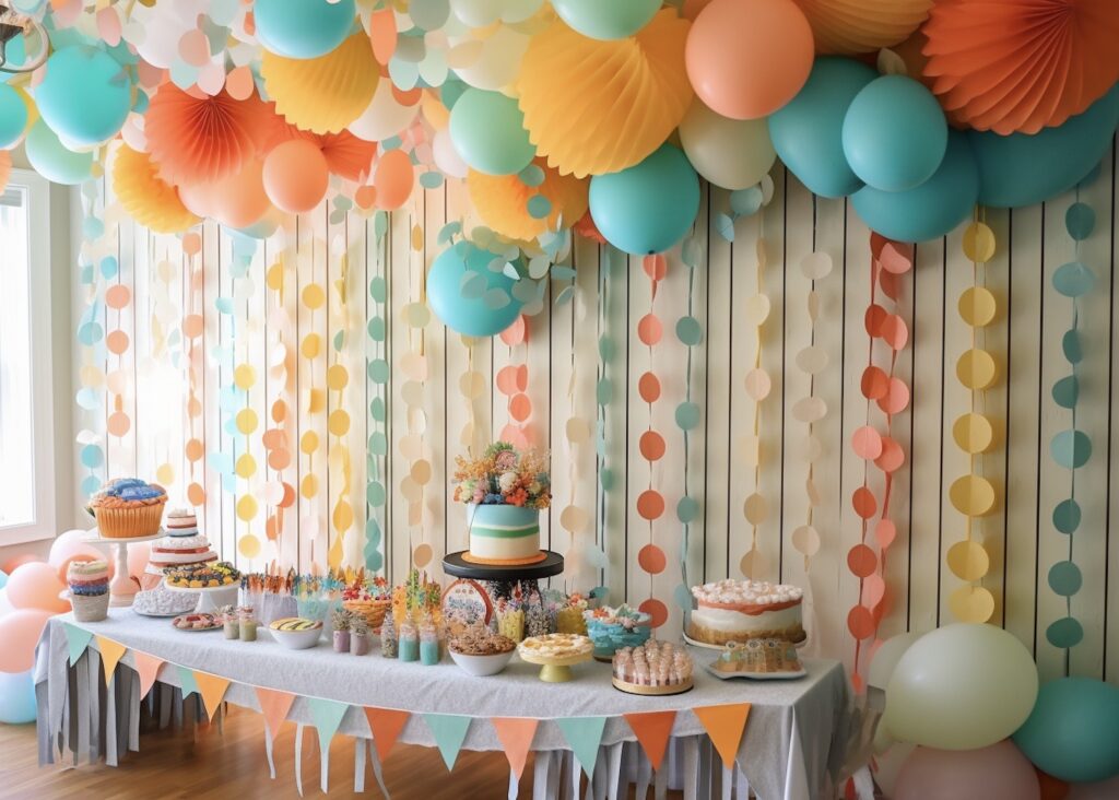 fête anniversaire buffet confetti guirlande