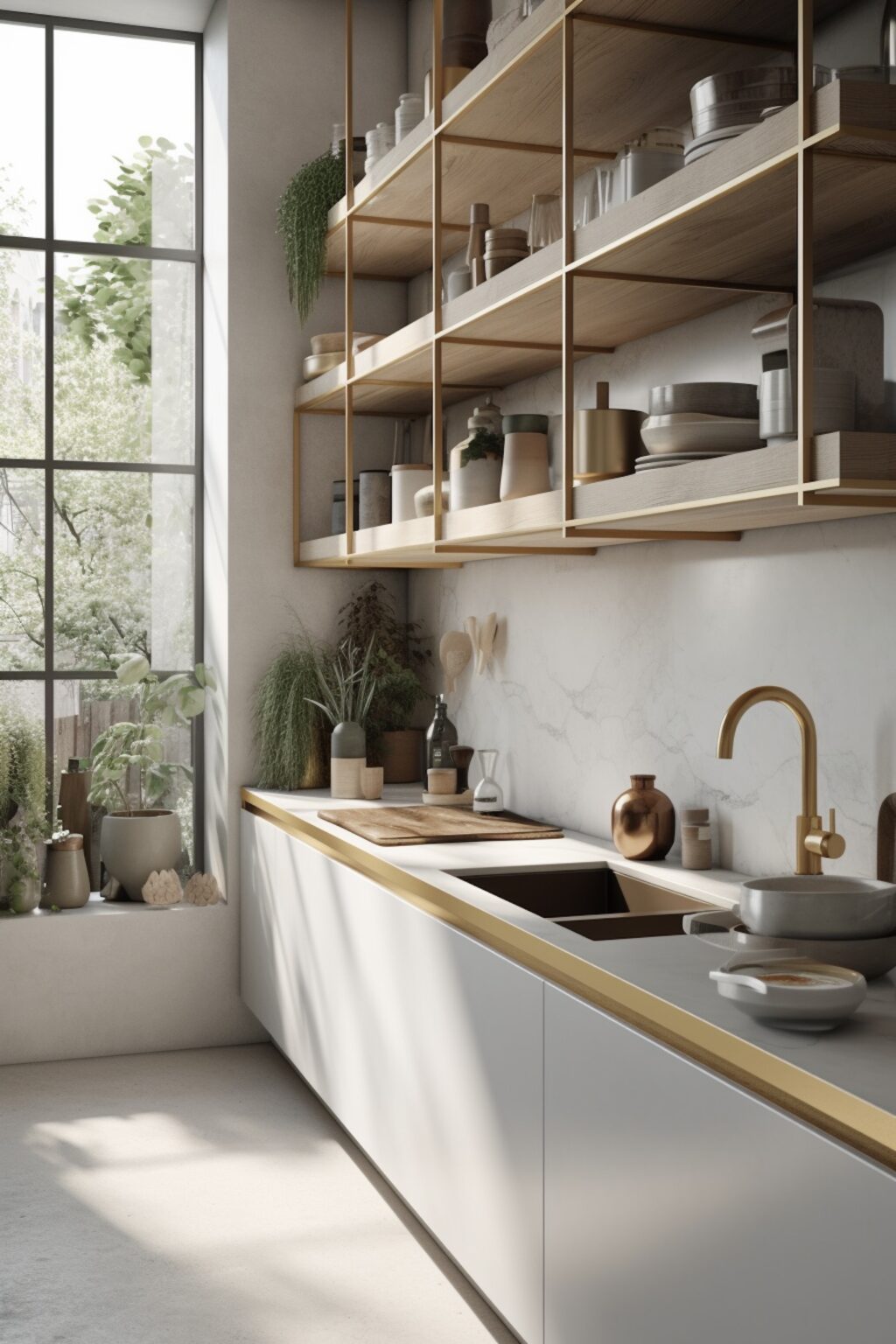 cuisine nature plante verte mur carrelage marbre blanc mobilier bois