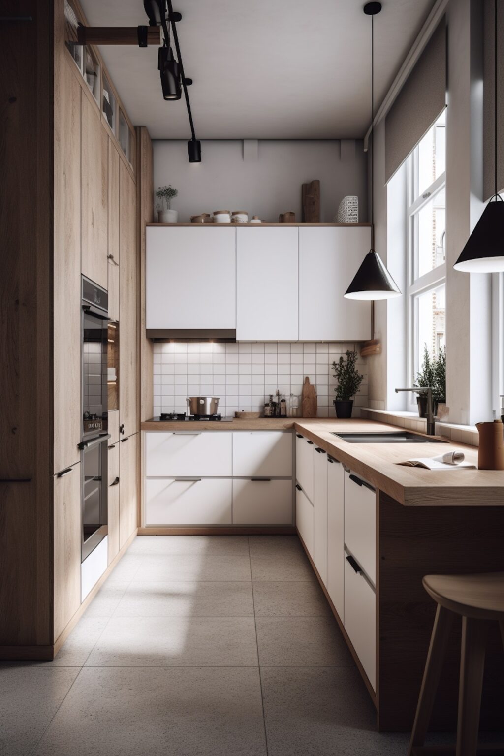 interieur rustique chic moderne meuble bois carrelage blanc