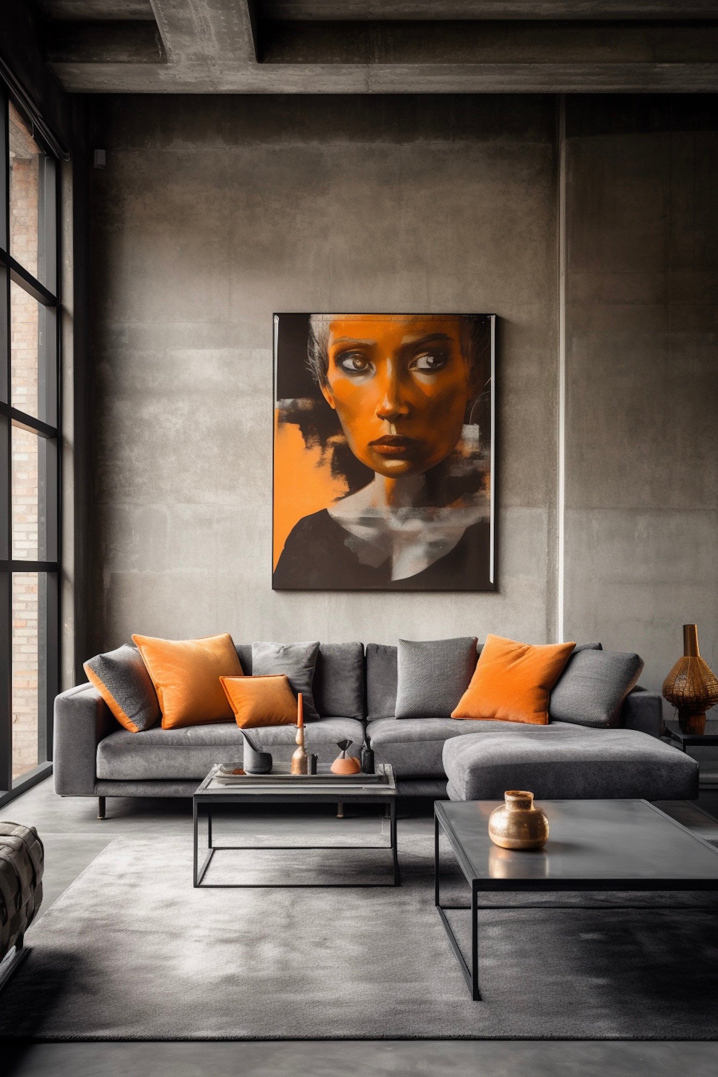 loft canapé gris coussins orange tableau portrait pop