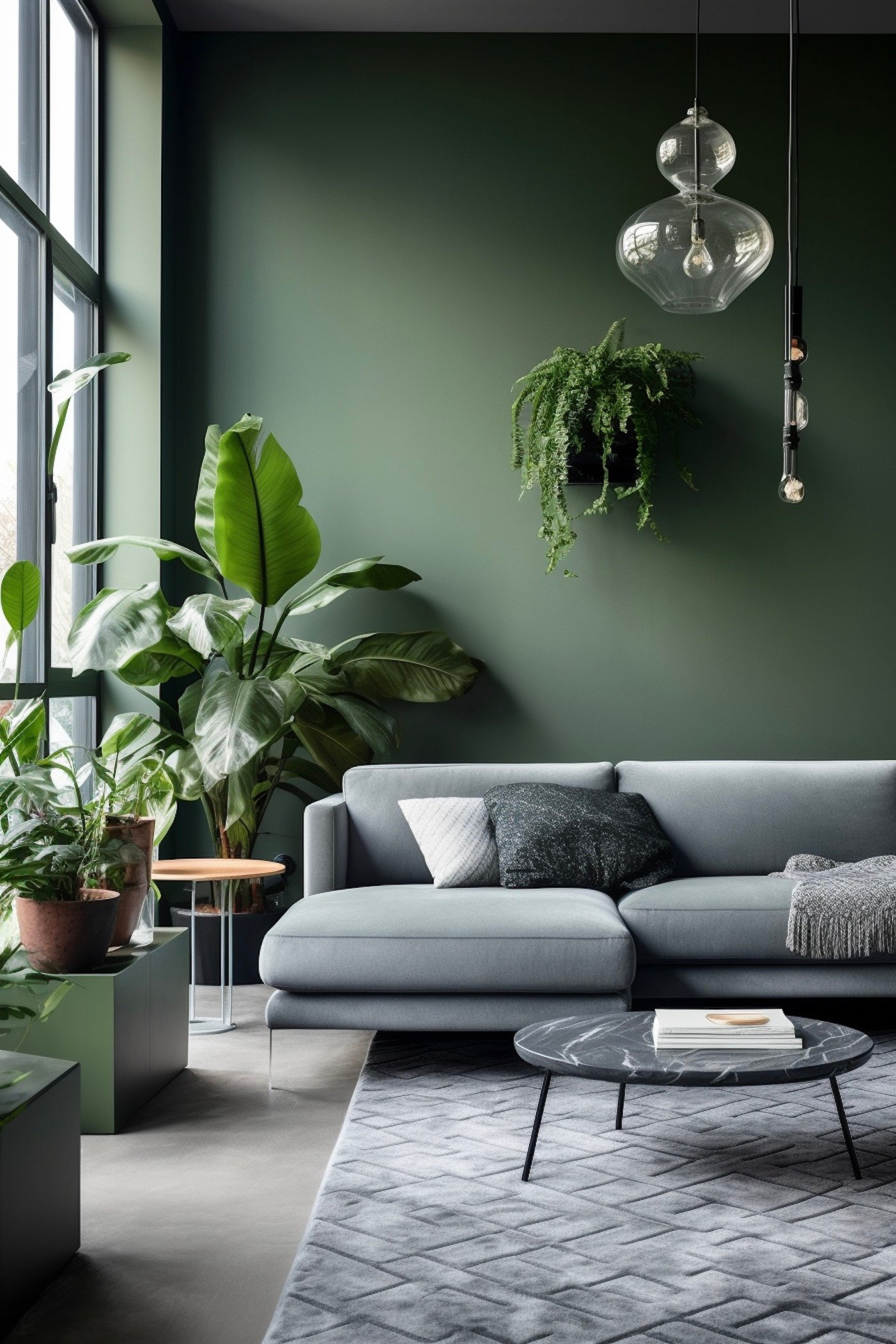 loft scandinave salon mur vert foncé