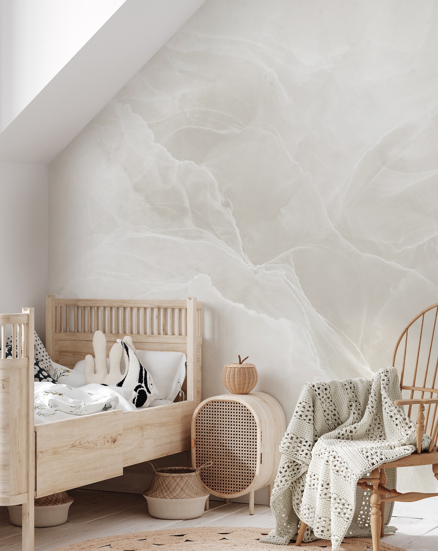 chambre enfant scandinave rétro bois marbre clair