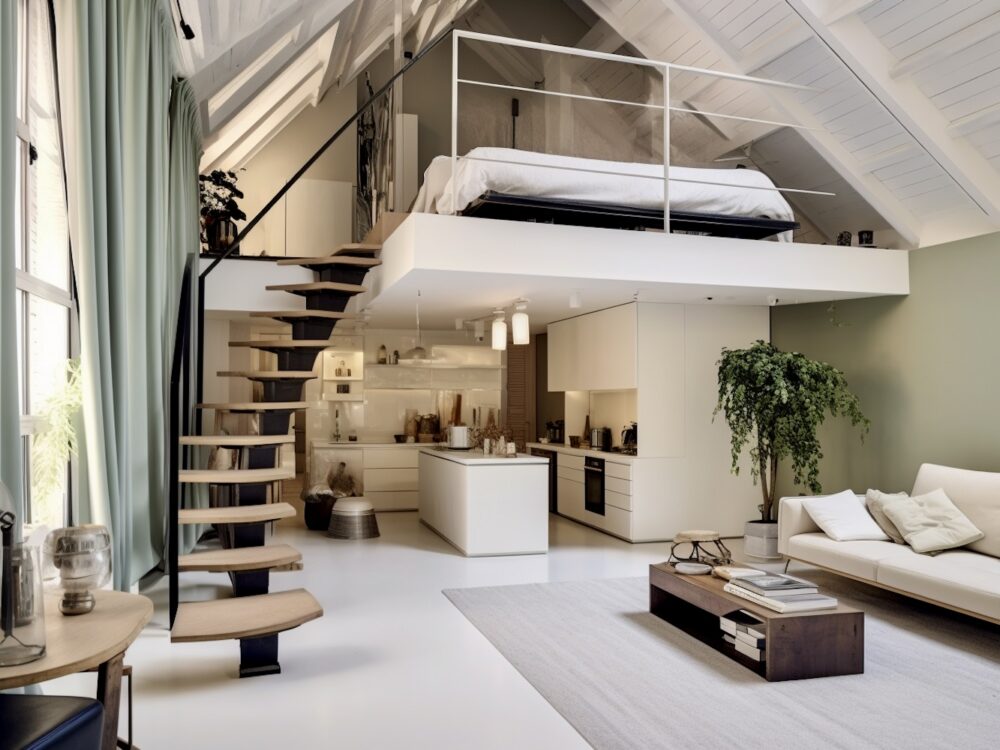 chambre mezzanine escalier blanc appartement sous les toits