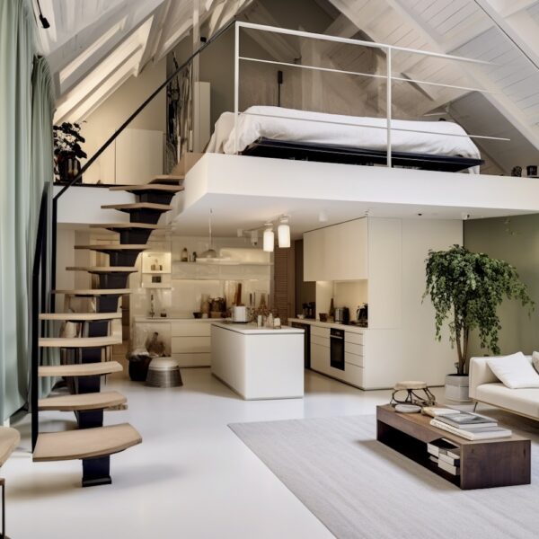 chambre mezzanine escalier blanc appartement sous les toits