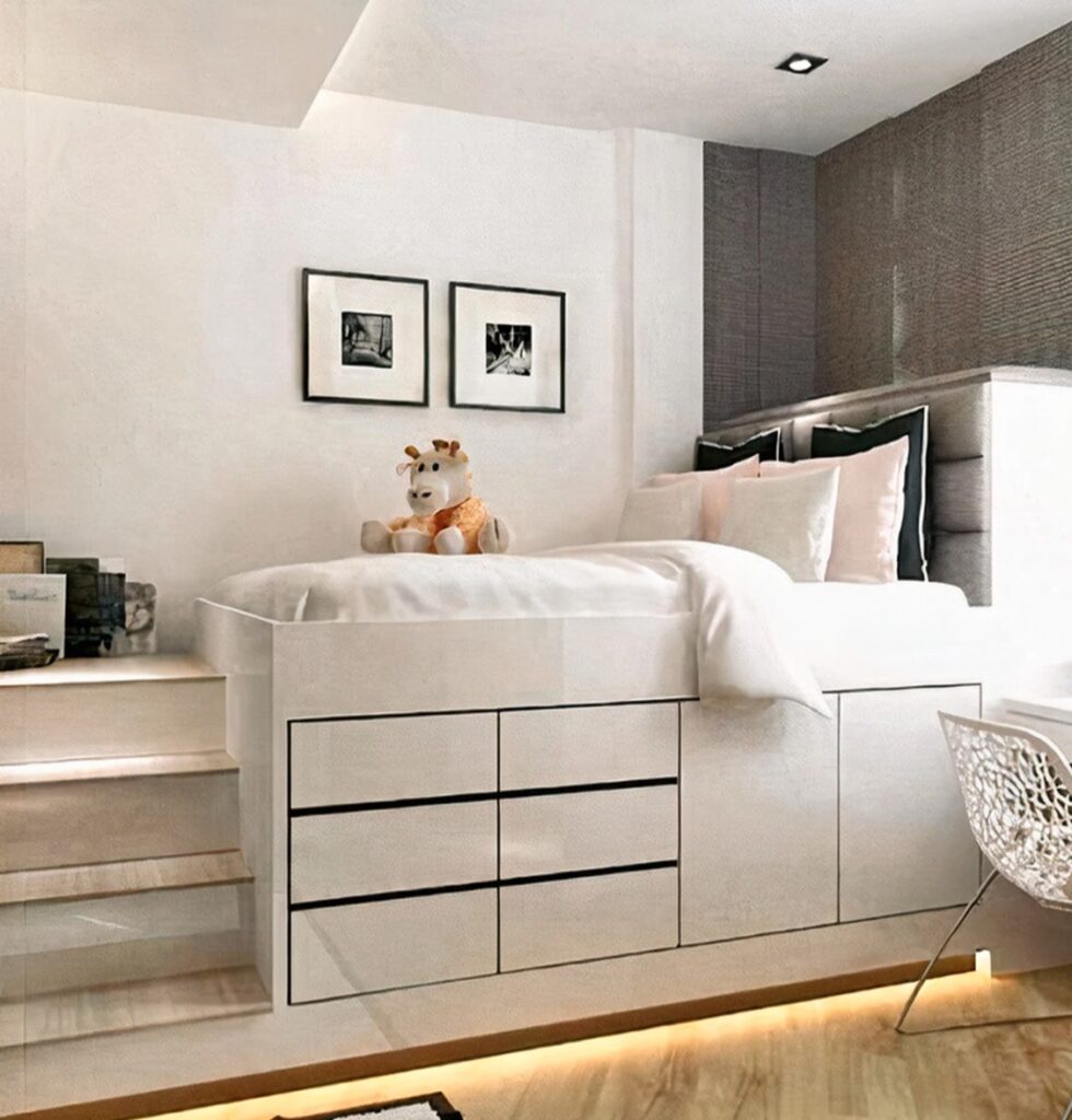 lit double hauteur blanc bureau deco interieure mur gris