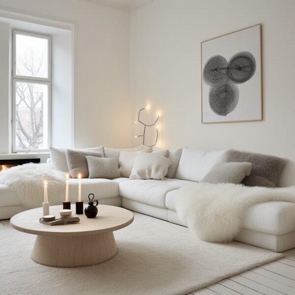salon cocooning blanc tapis moumoute nuance beige relaxant