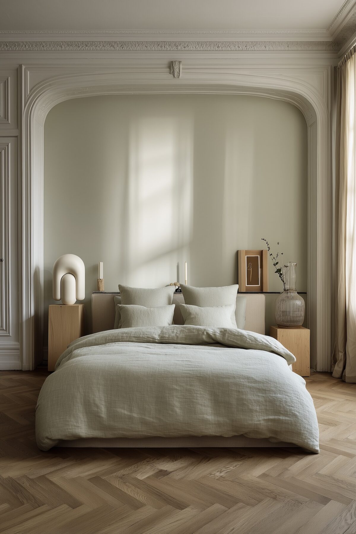 chambre vert sage pastel délicat décoration moderne