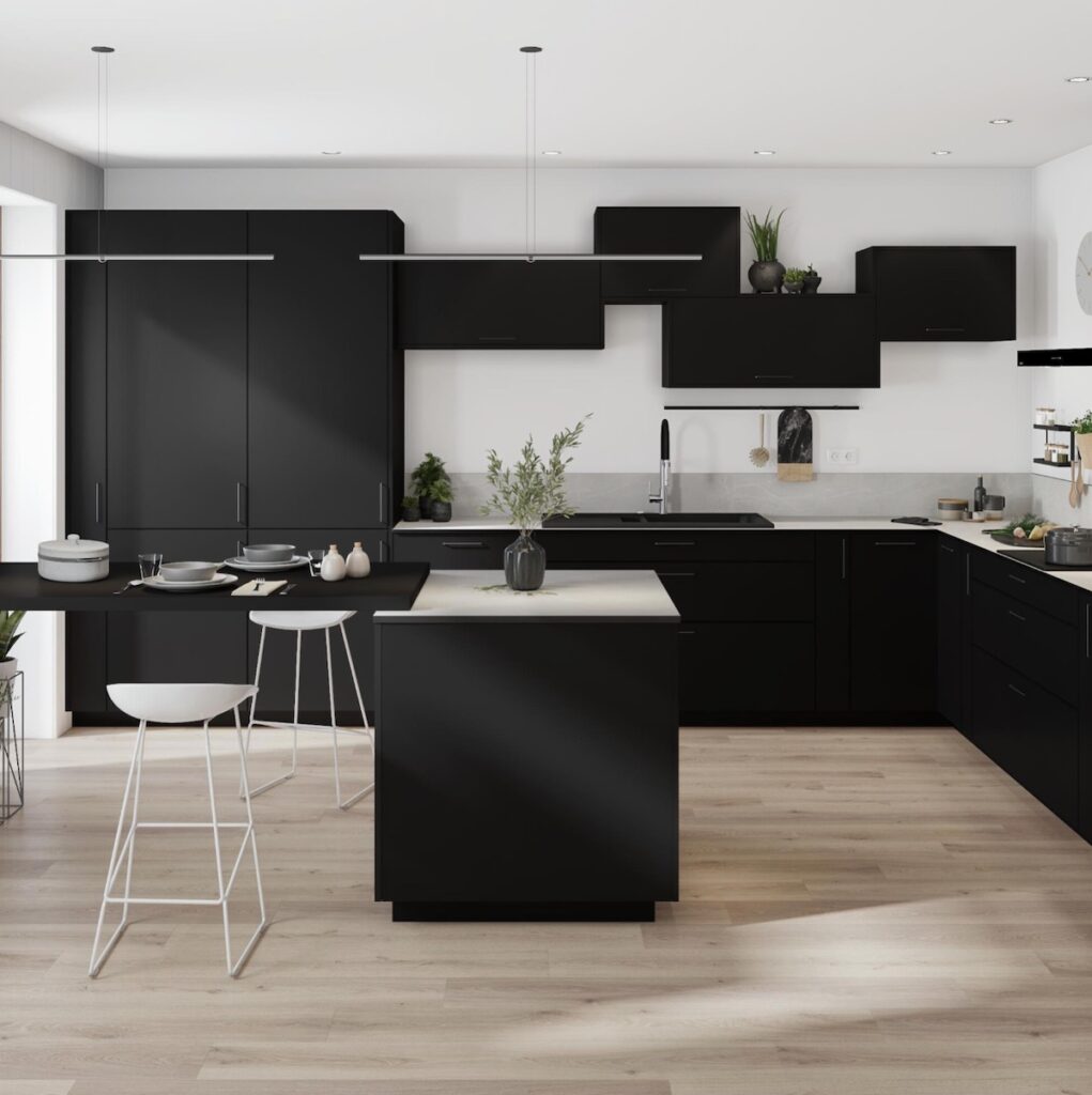 cuisine ouverte ilot central parquet bois mobilier noir