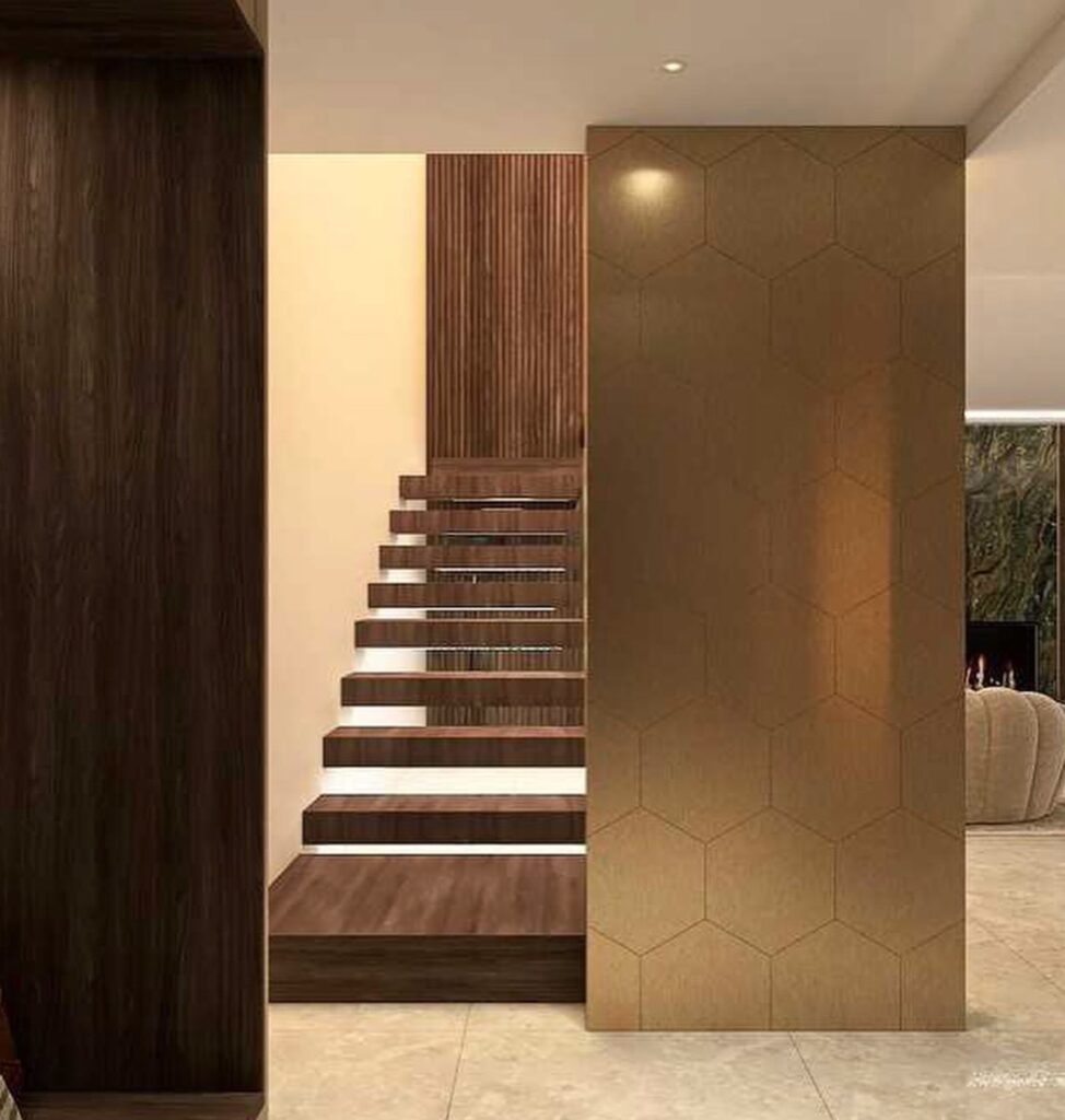 deco entree chic chaleureux escalier bois teck mur laiton