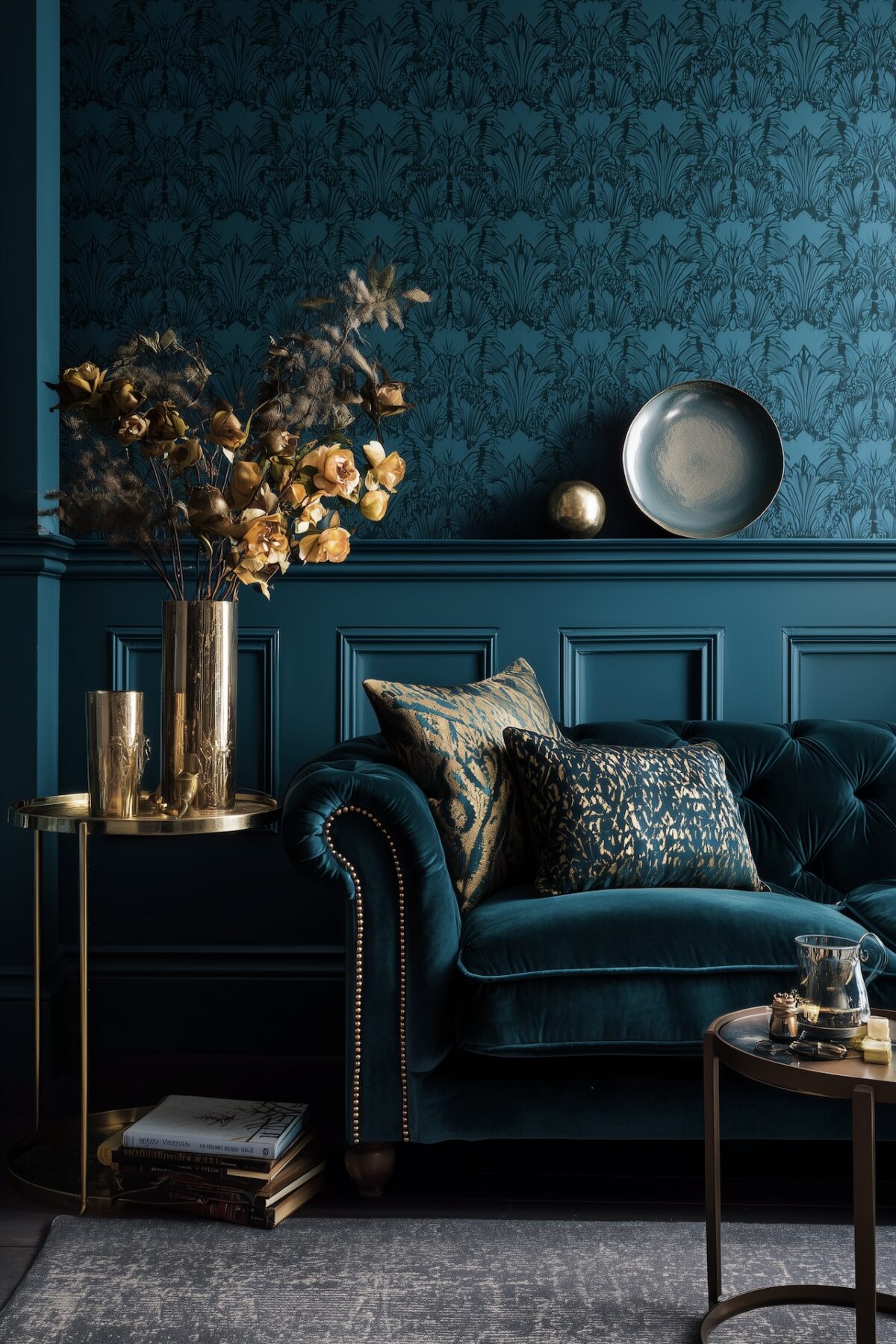 décoration art déco bleu canard soubassement bois