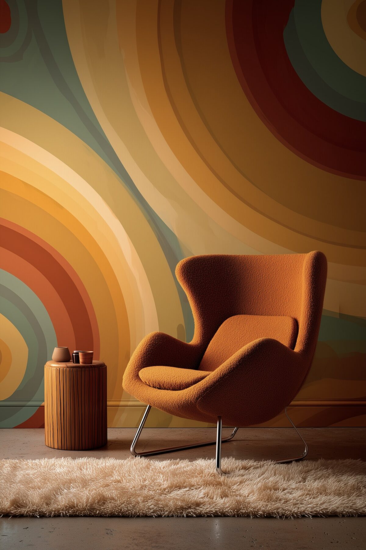 fauteuil design orange pivotant moumoutte motifs années 70